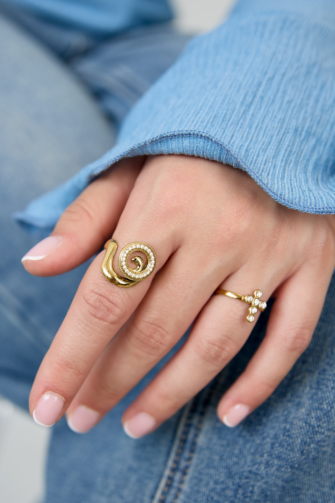 Spiral shell statement ring with stones