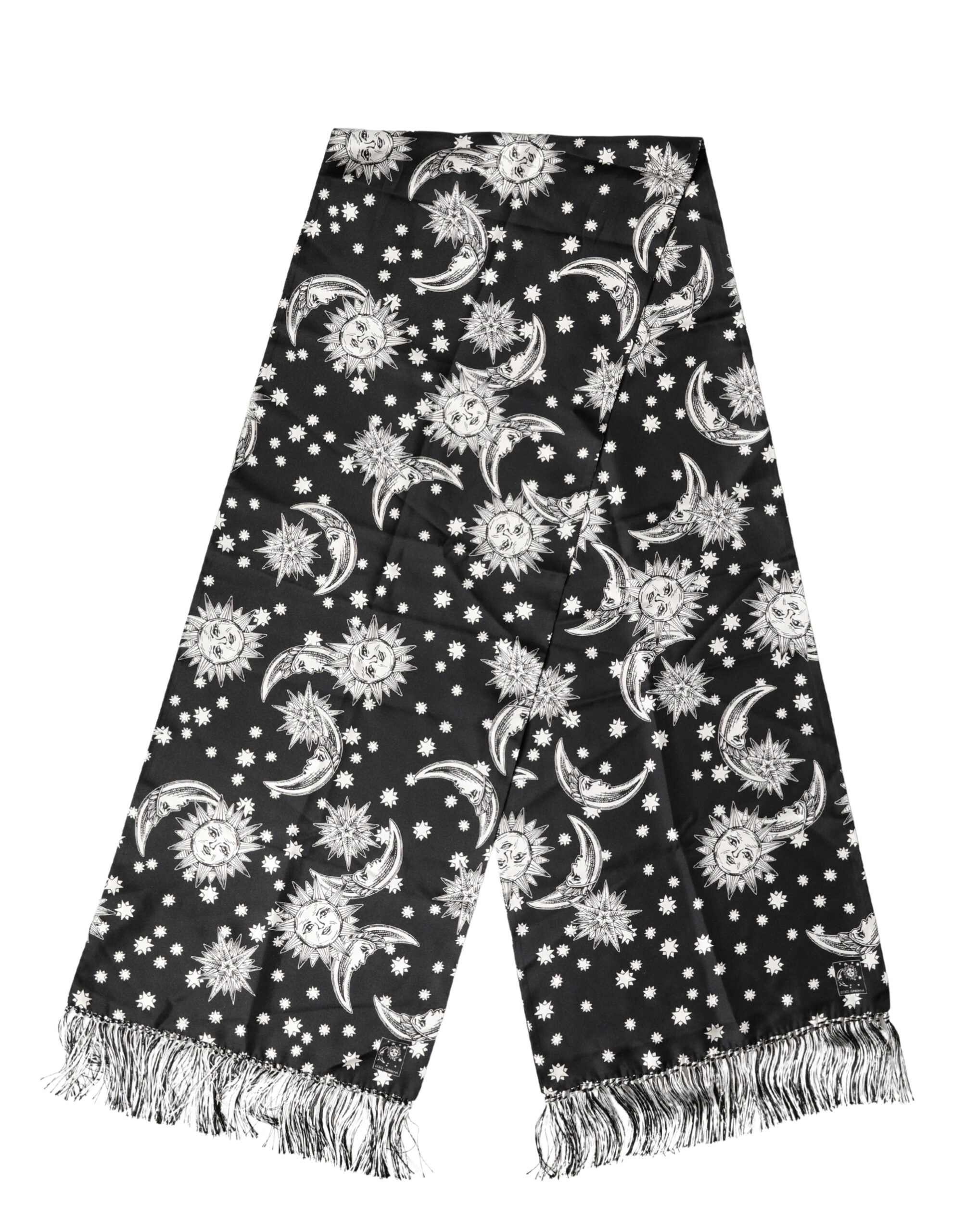 Černá hedvábná šála Sun Moon Star s třásněmi 178cm X 33cm