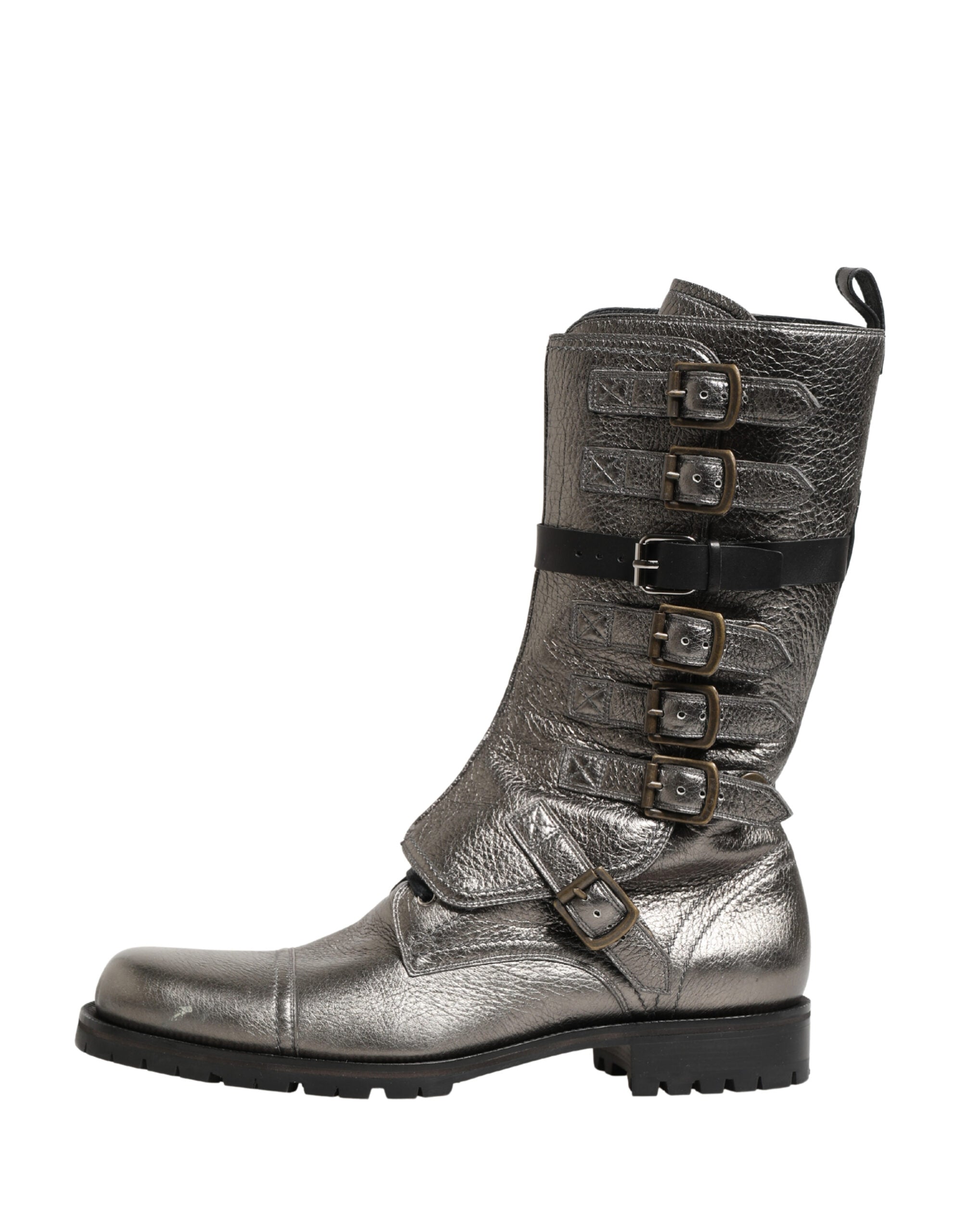 Metallic Leather Buckle Combat Boots Shoes