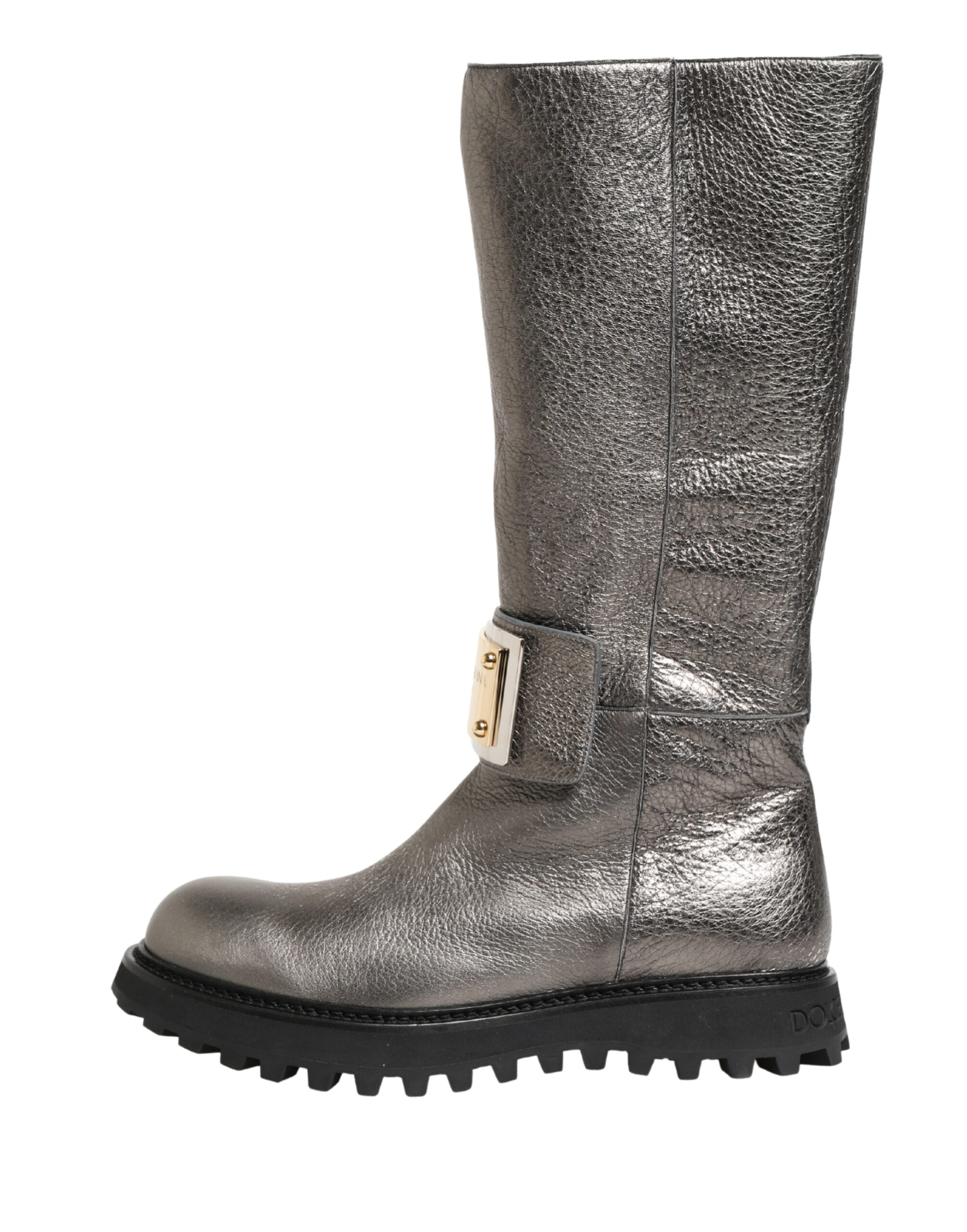Metallic Silver Leather Mid Calf Boots Shoes