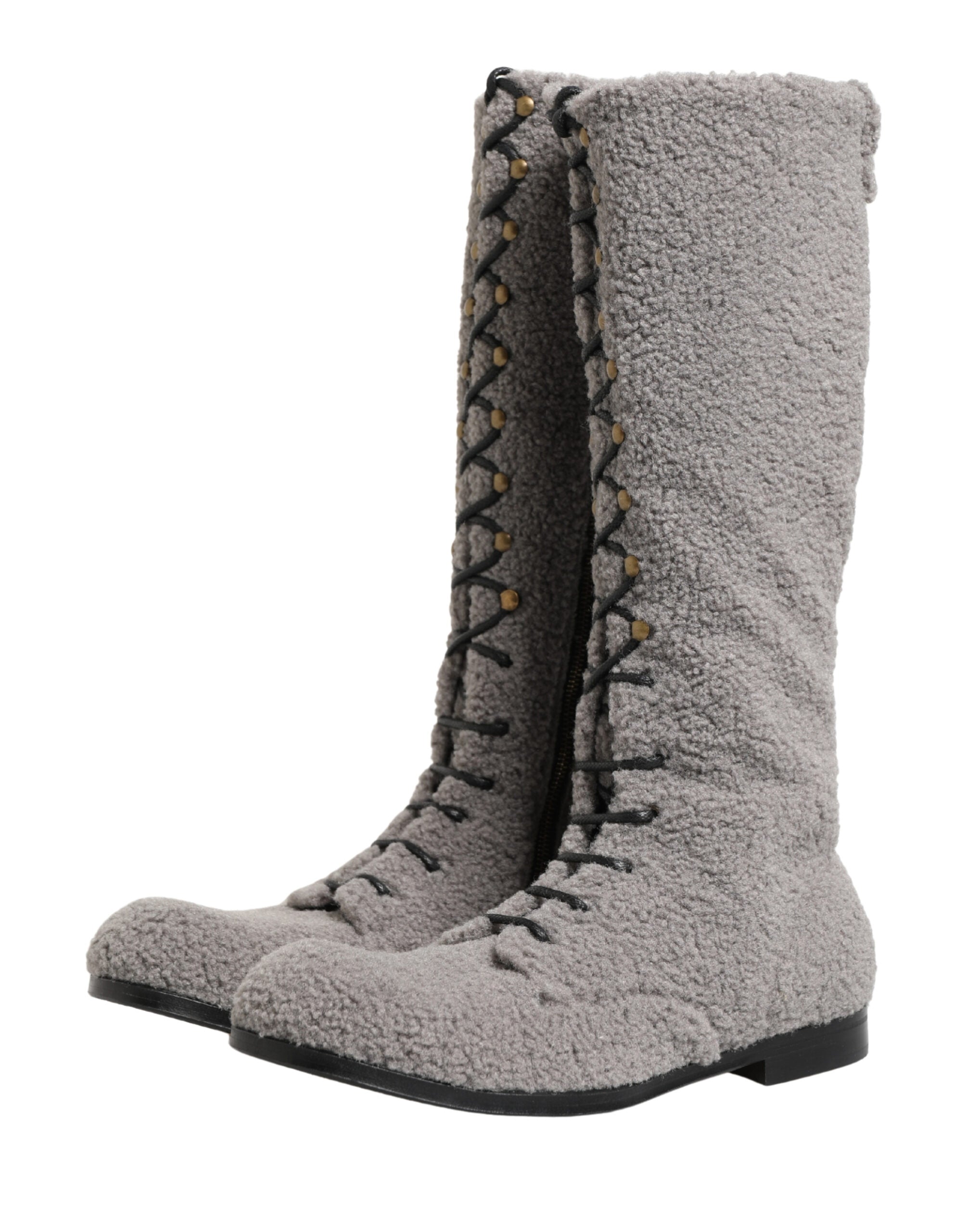 Gray Shearling Lace Up Knee High Boots Shoes