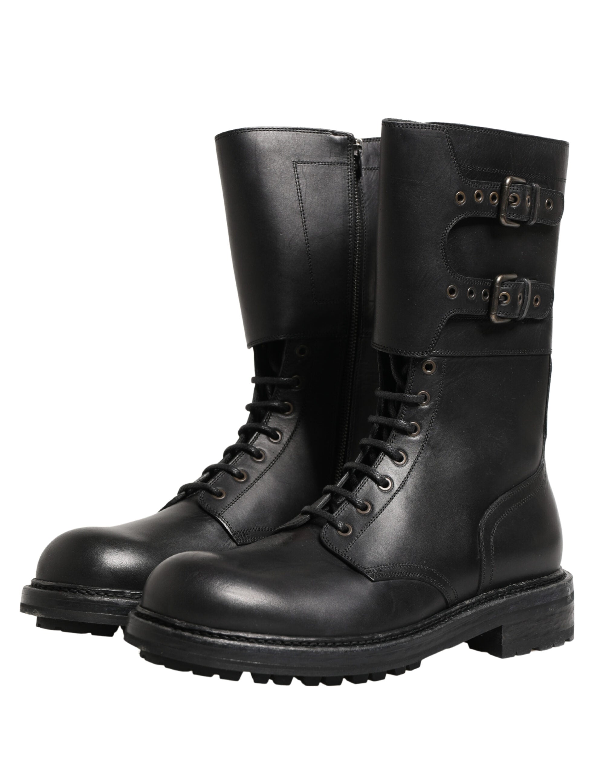Black Leather Belted Buckle Combat Boots Shoes