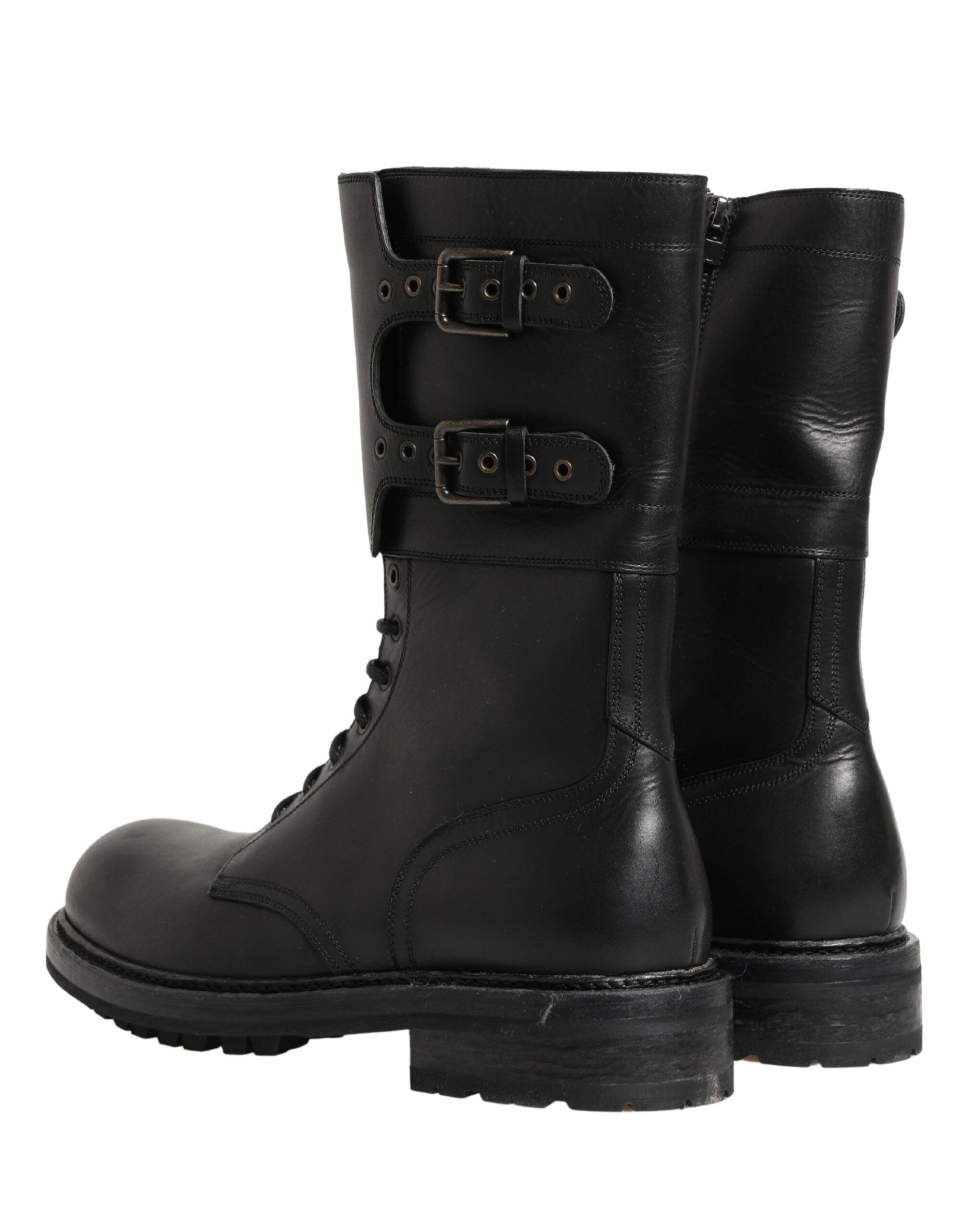 Black Leather Belted Buckle Combat Boots Shoes
