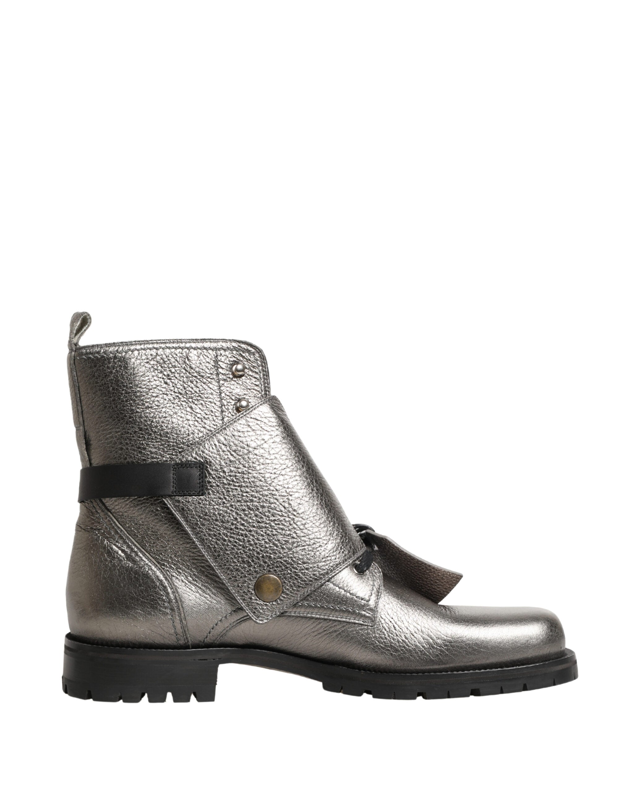 Metallic Silver Leather Buckle Ankle Boots Shoes