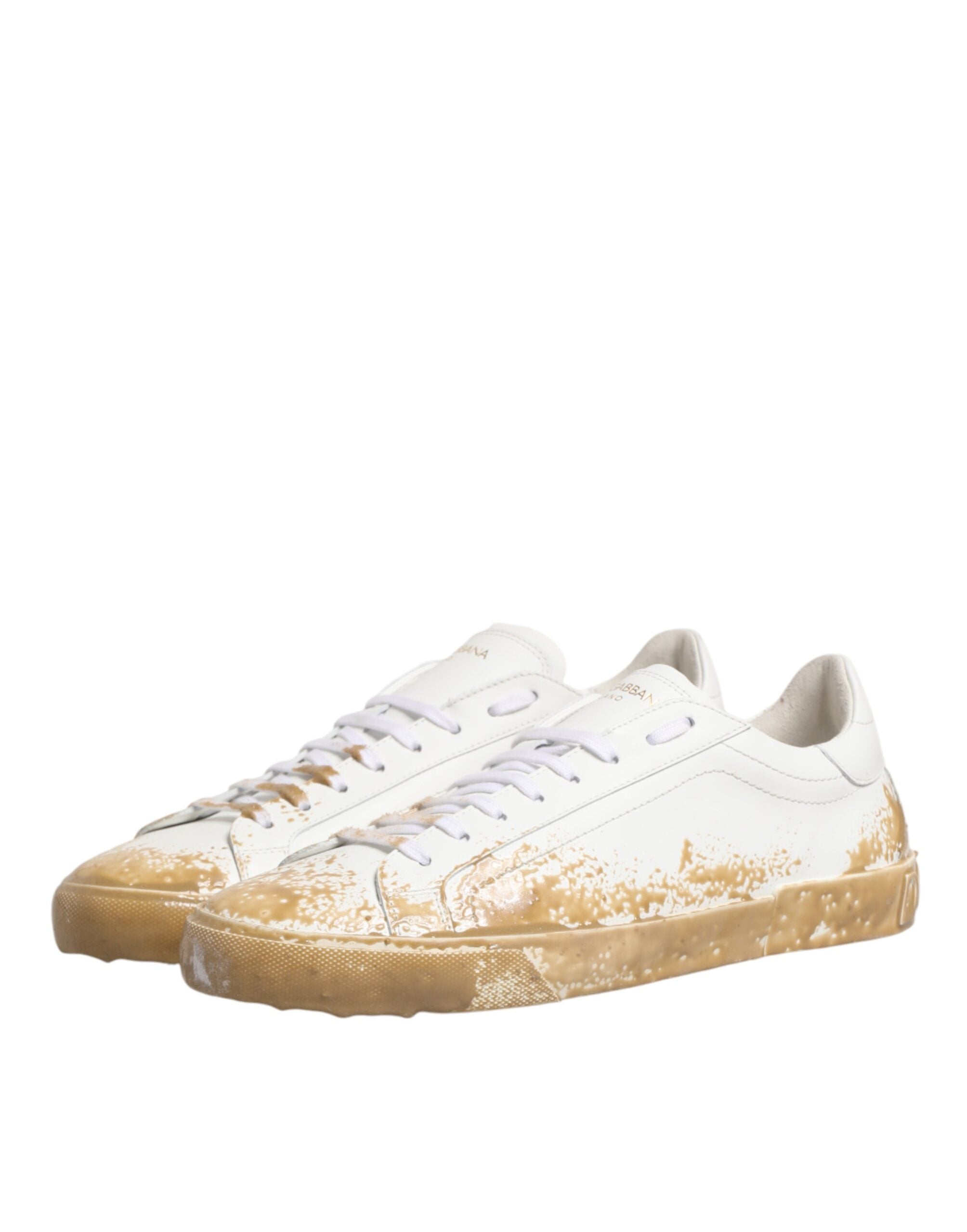 White Leather Paint Effect Low Top Sneakers Shoes