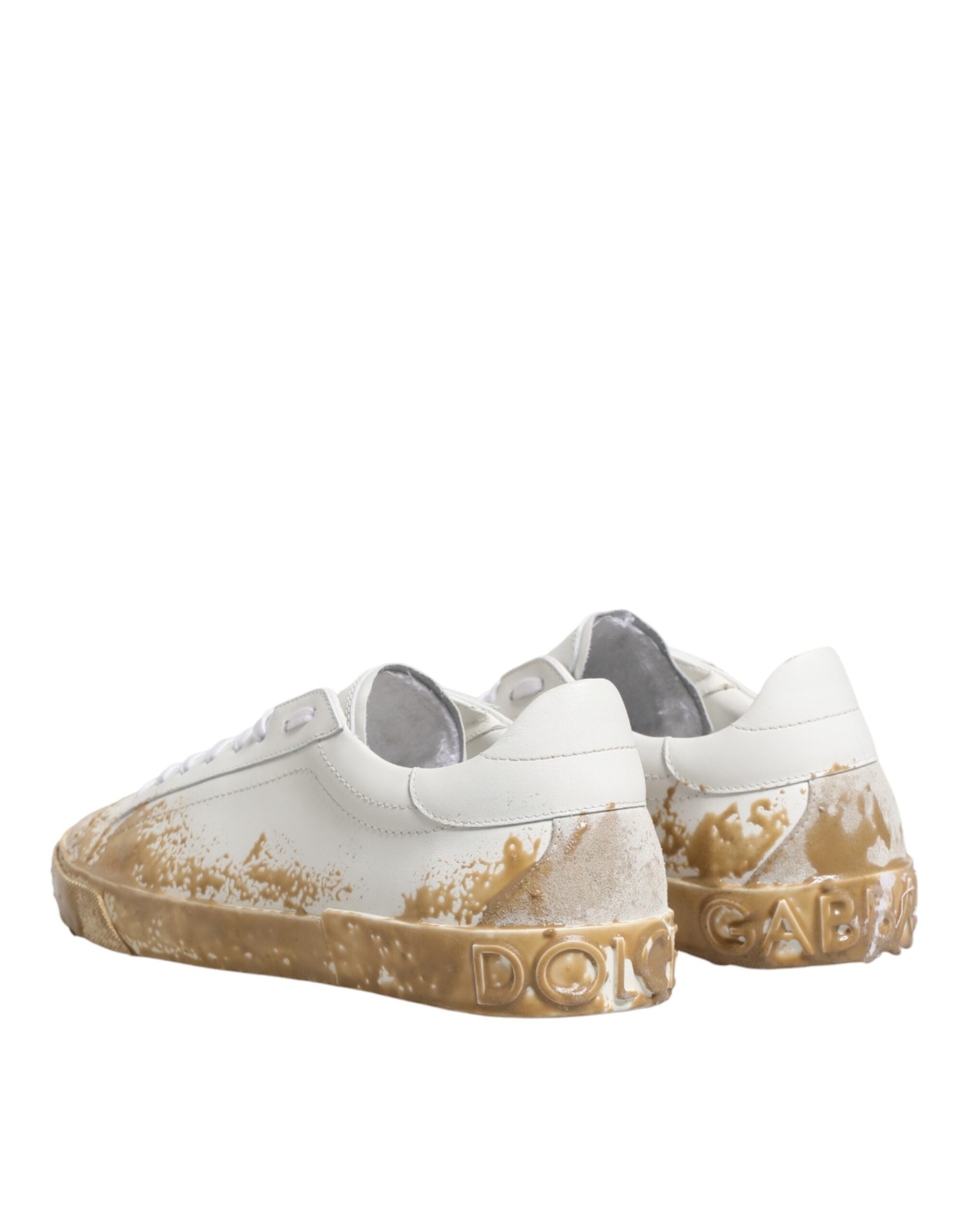 White Leather Paint Effect Low Top Sneakers Shoes