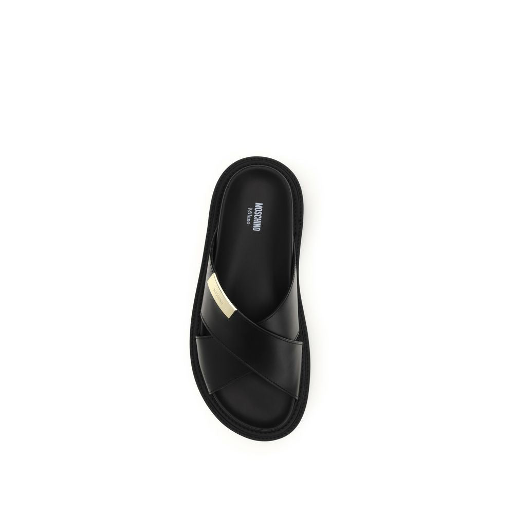 Black Calf Leather Bos Taurus Flat Sandals