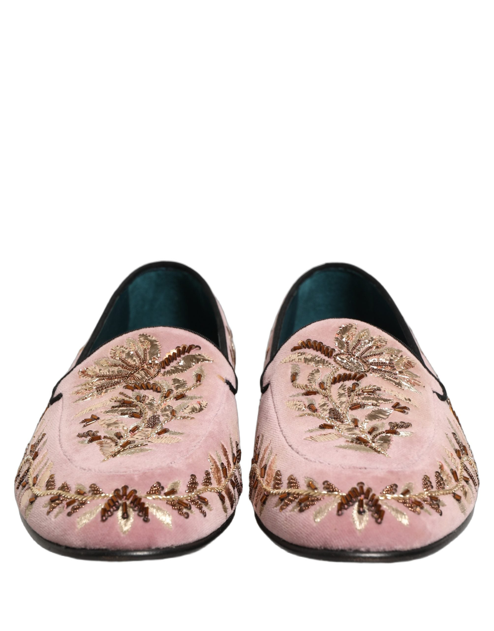 Pink Velvet Floral Embroidery Loafers Shoes
