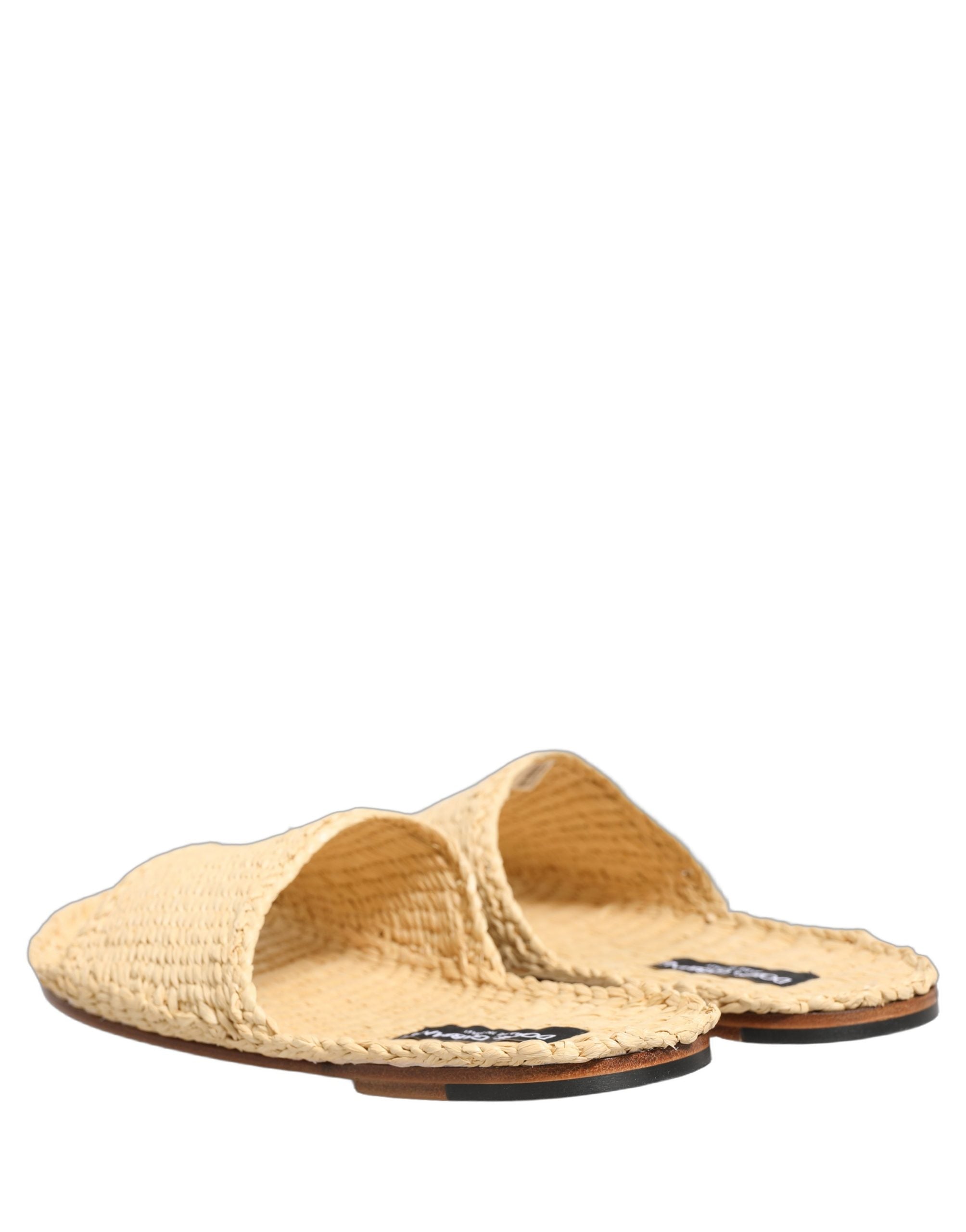 Beige Straw Raffia Slides Sandals Flats Shoes