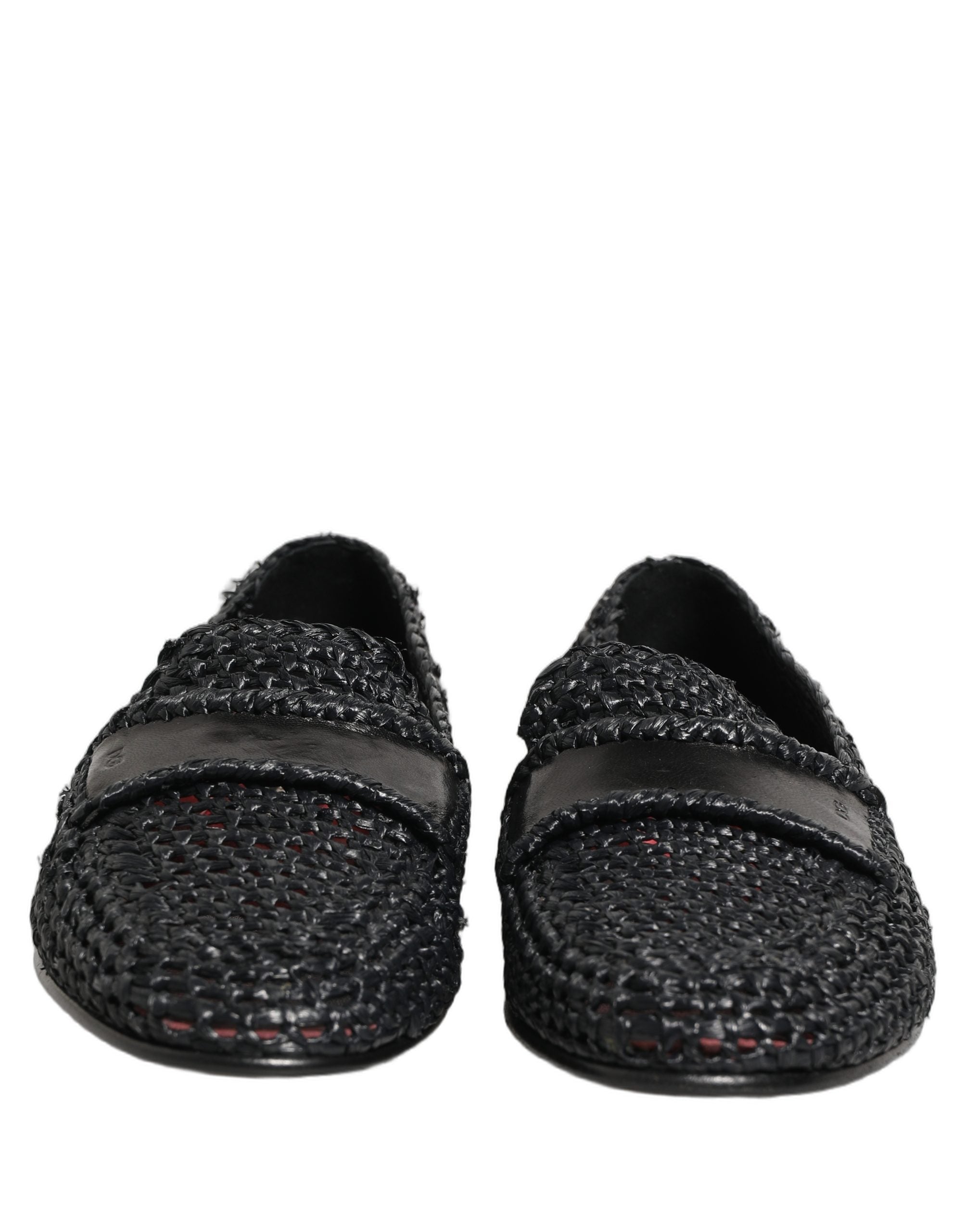 Black Woven Raffia Slip On Loafers Shoes