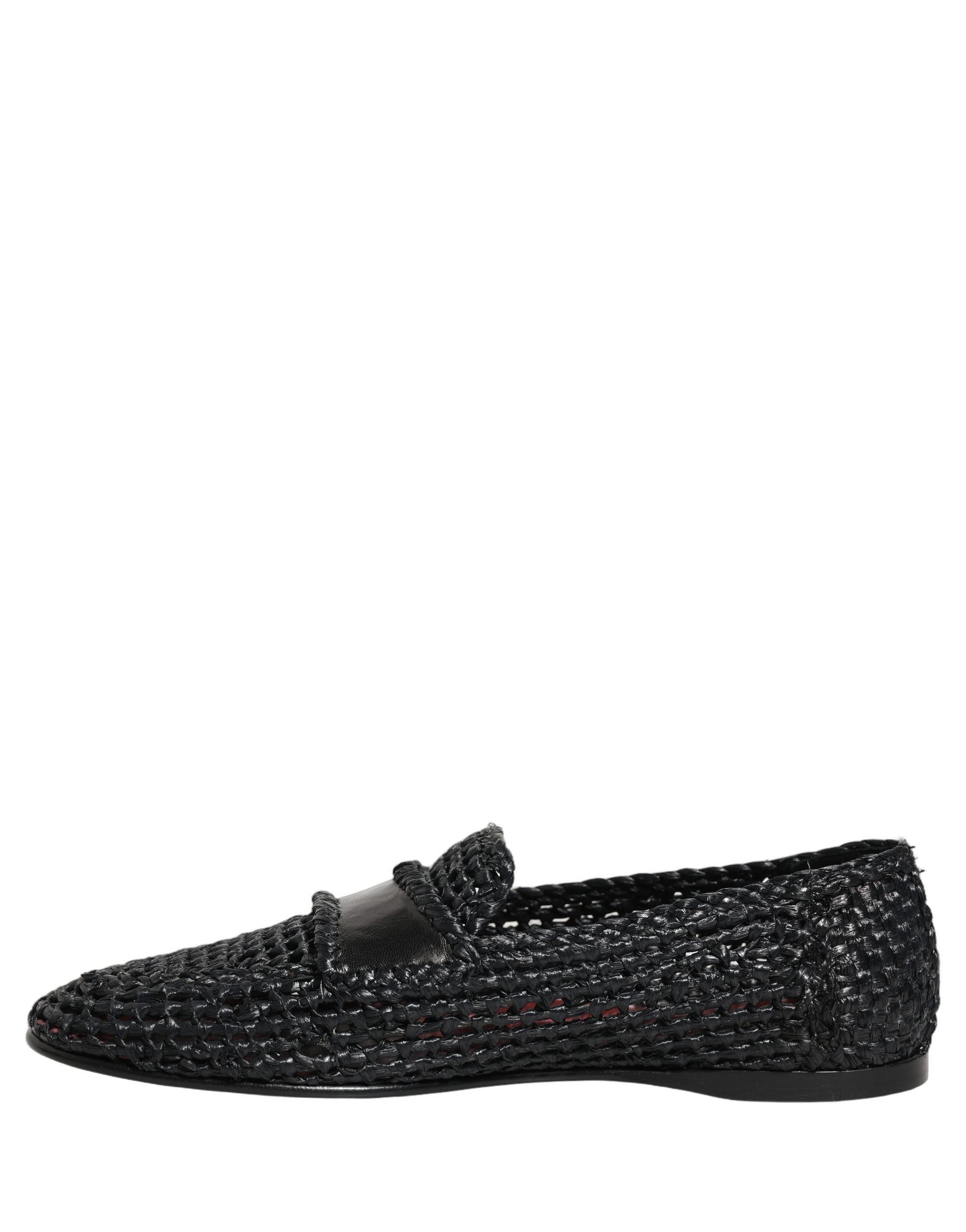 Black Woven Raffia Slip On Loafers Shoes