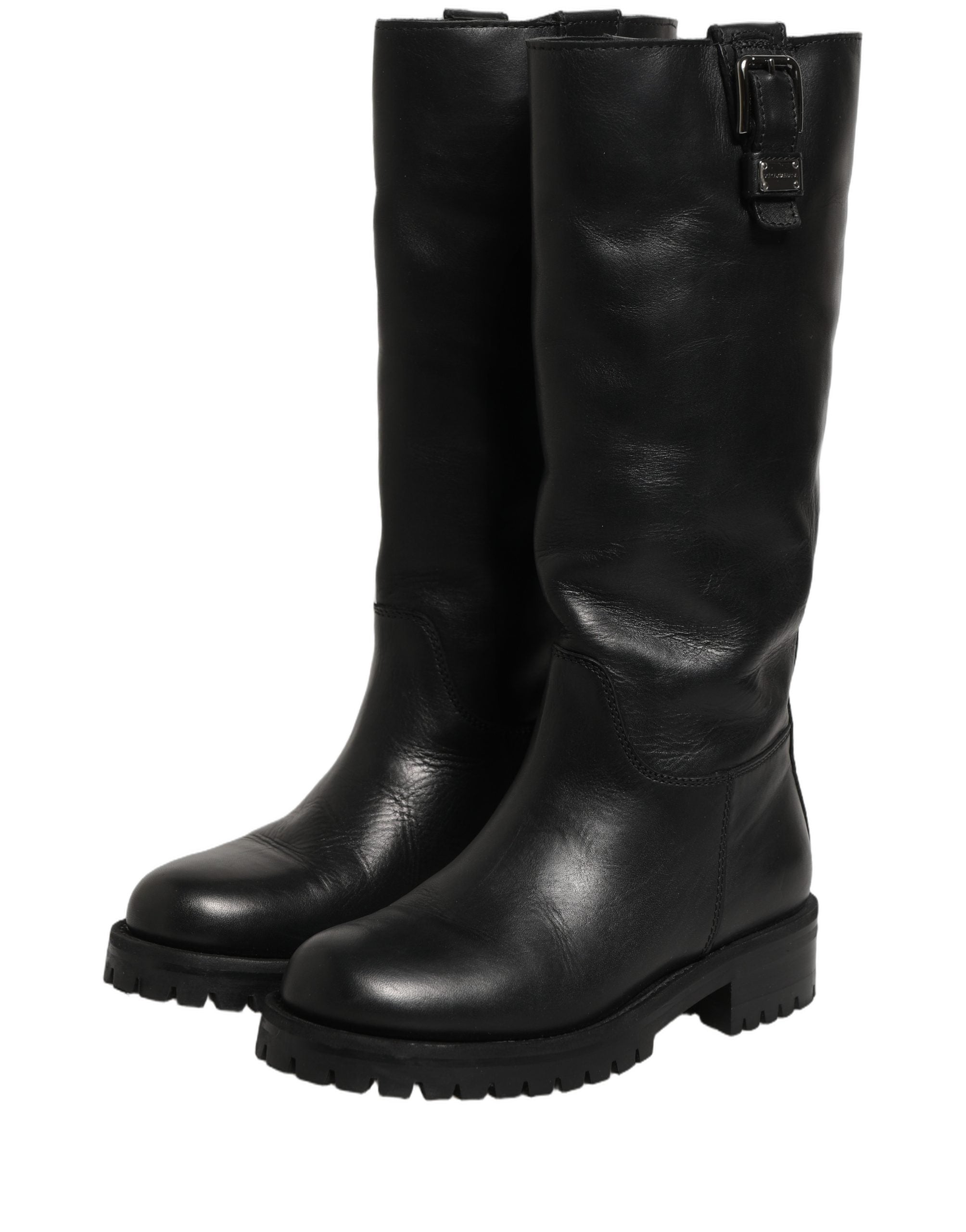 Black Leather Buckle Detail Mid Calf Boots Shoes