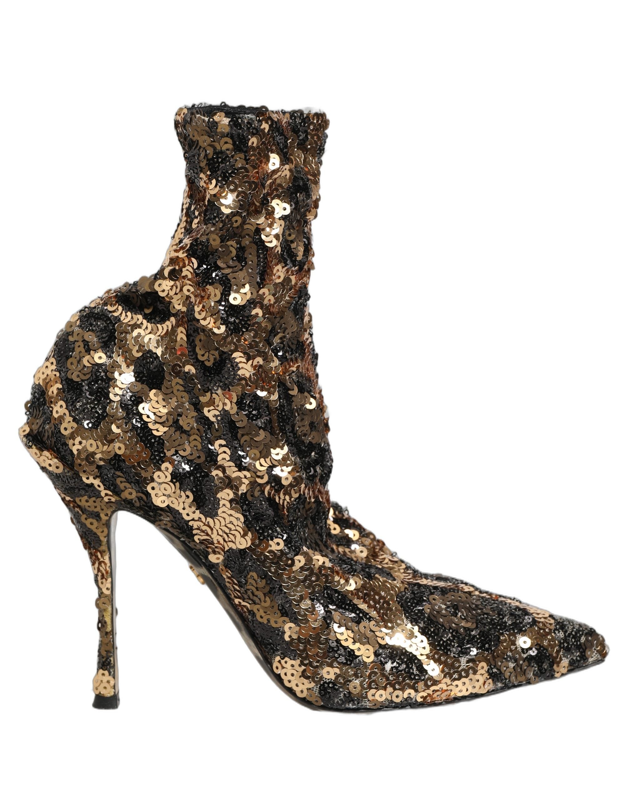 Gold Leopard Sequin Sock Ankle Boots Shoes