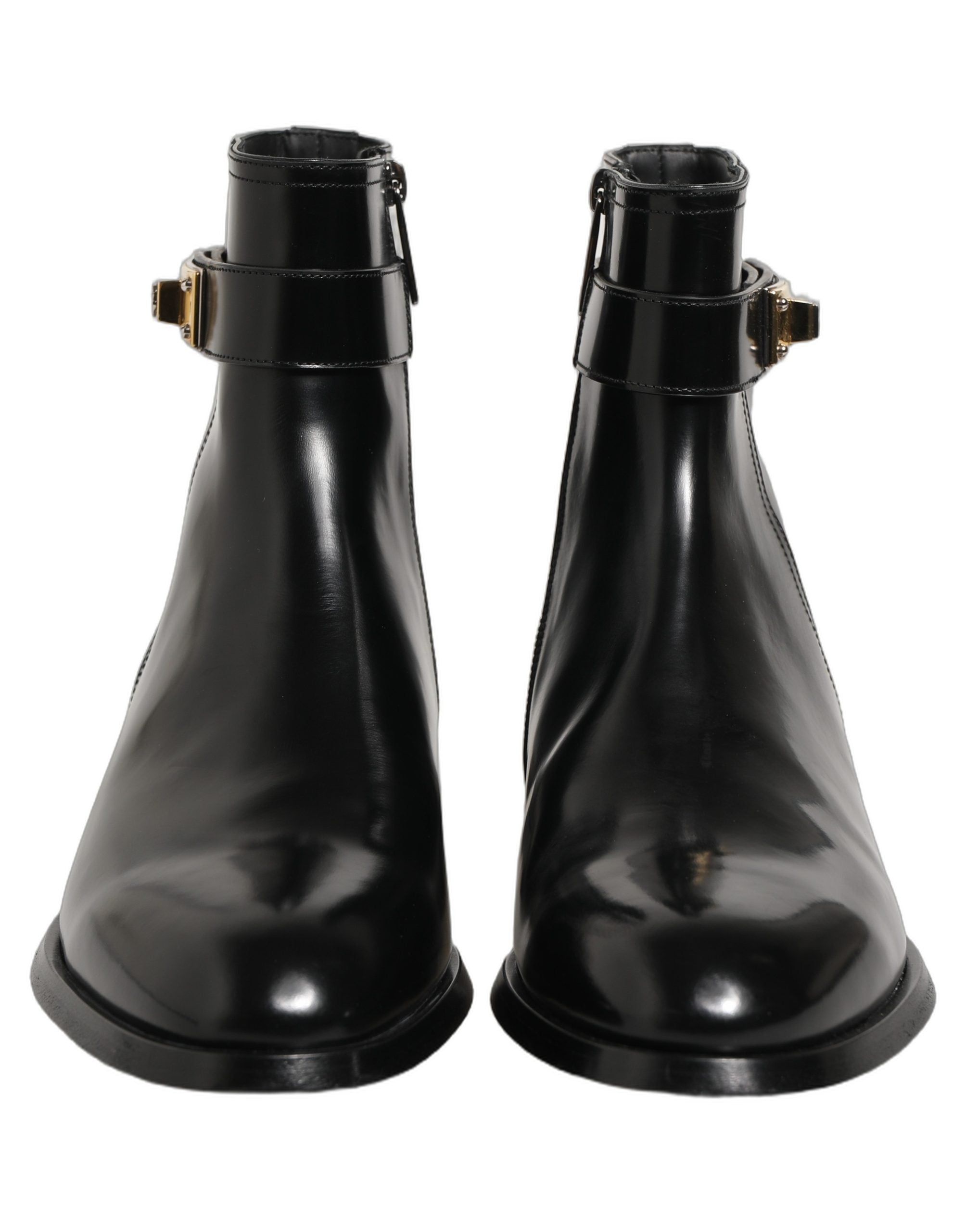 Black Leather Logo Buckle Mid Calf Boots Shoes