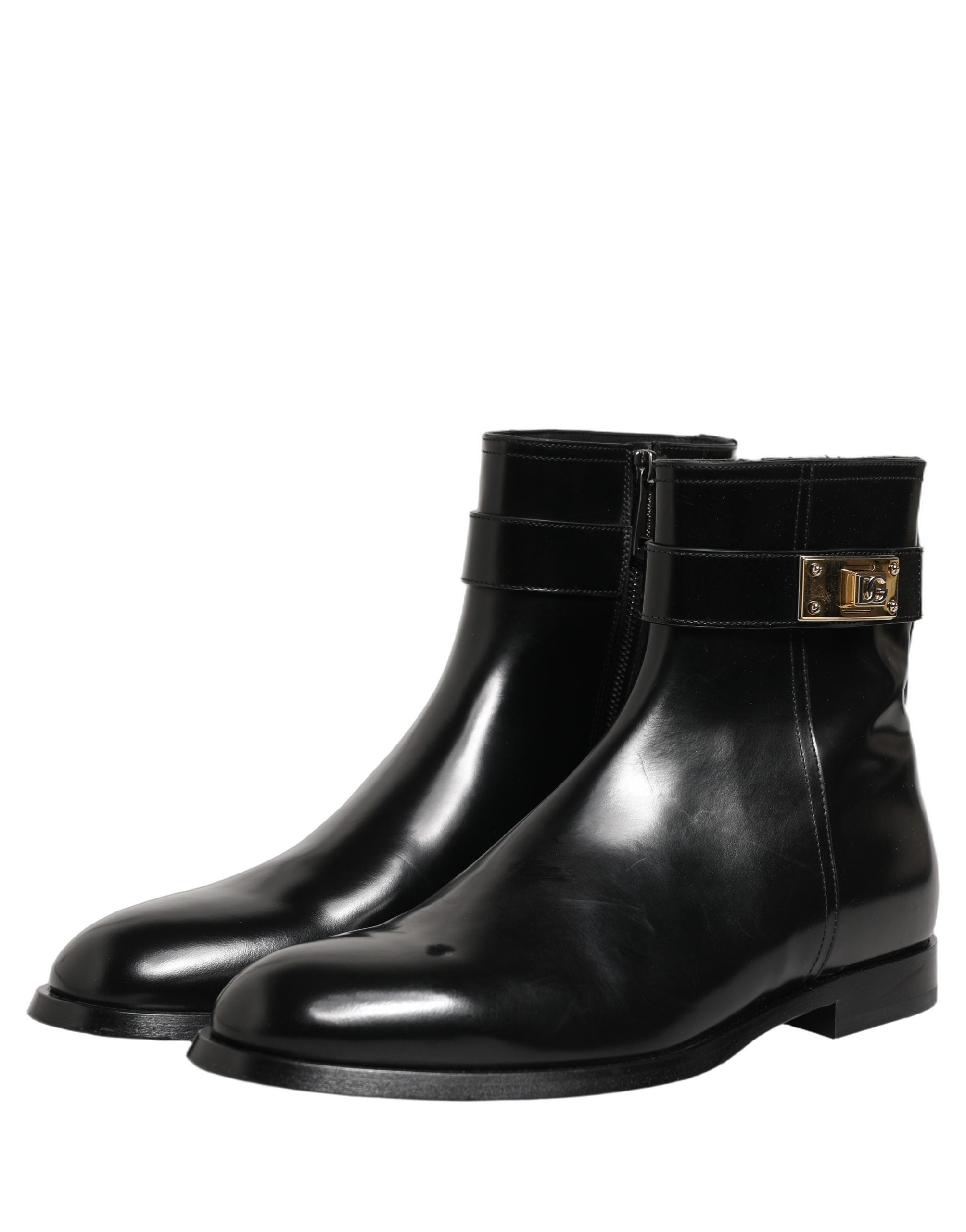 Black Leather Logo Buckle Mid Calf Boots Shoes