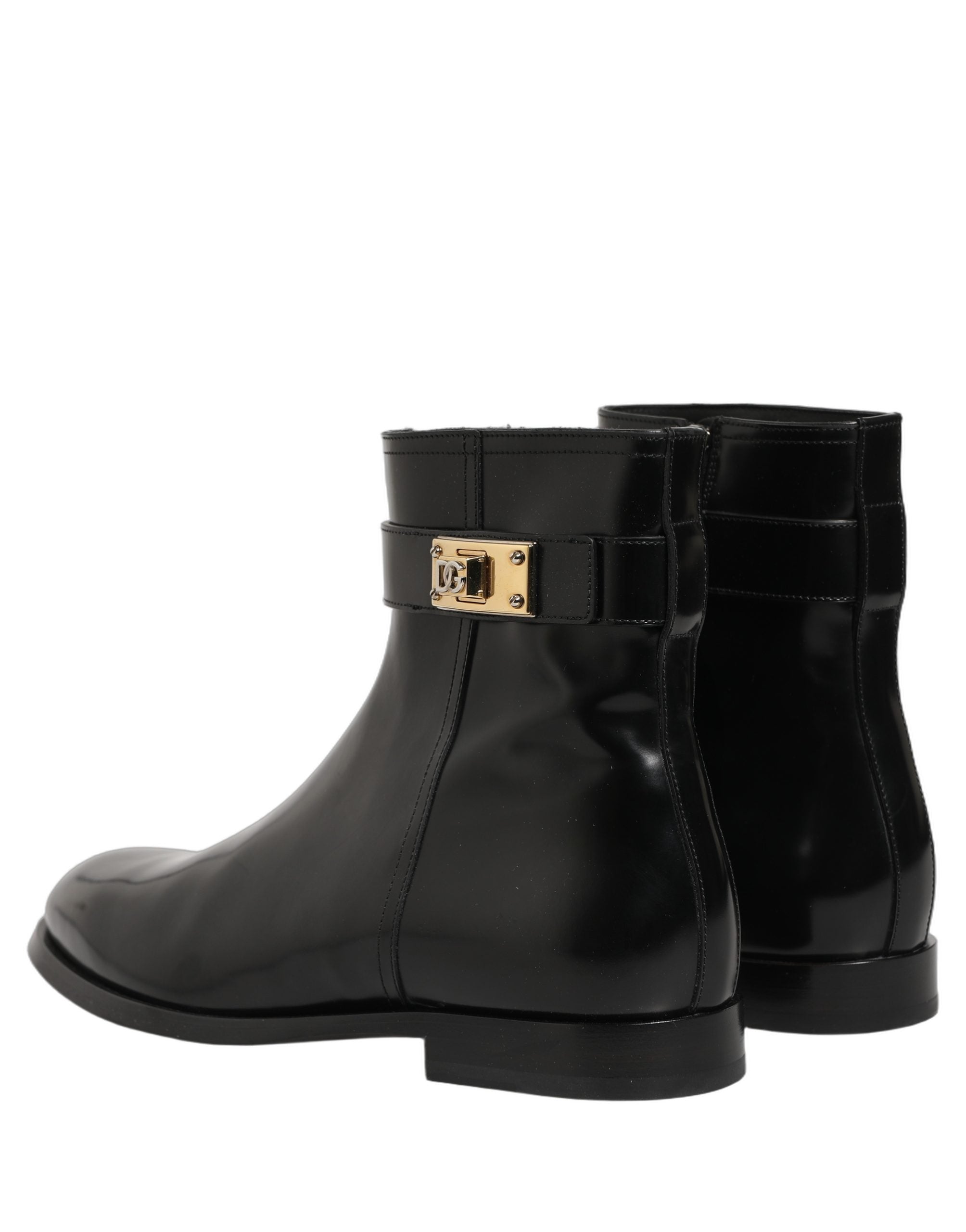 Black Leather Logo Buckle Mid Calf Boots Shoes