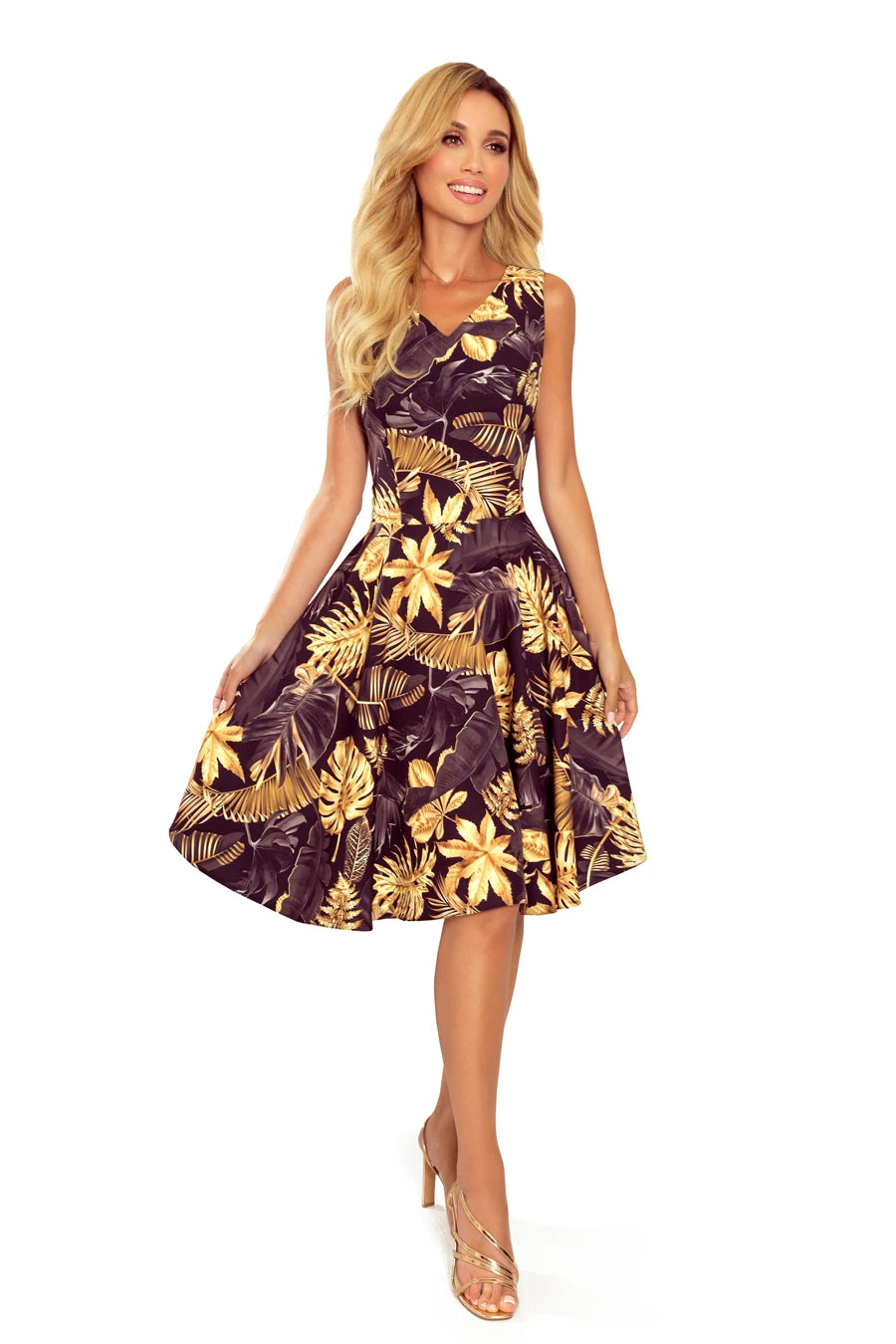 Flared dress – heart-shaped neckline – Golden Leaves