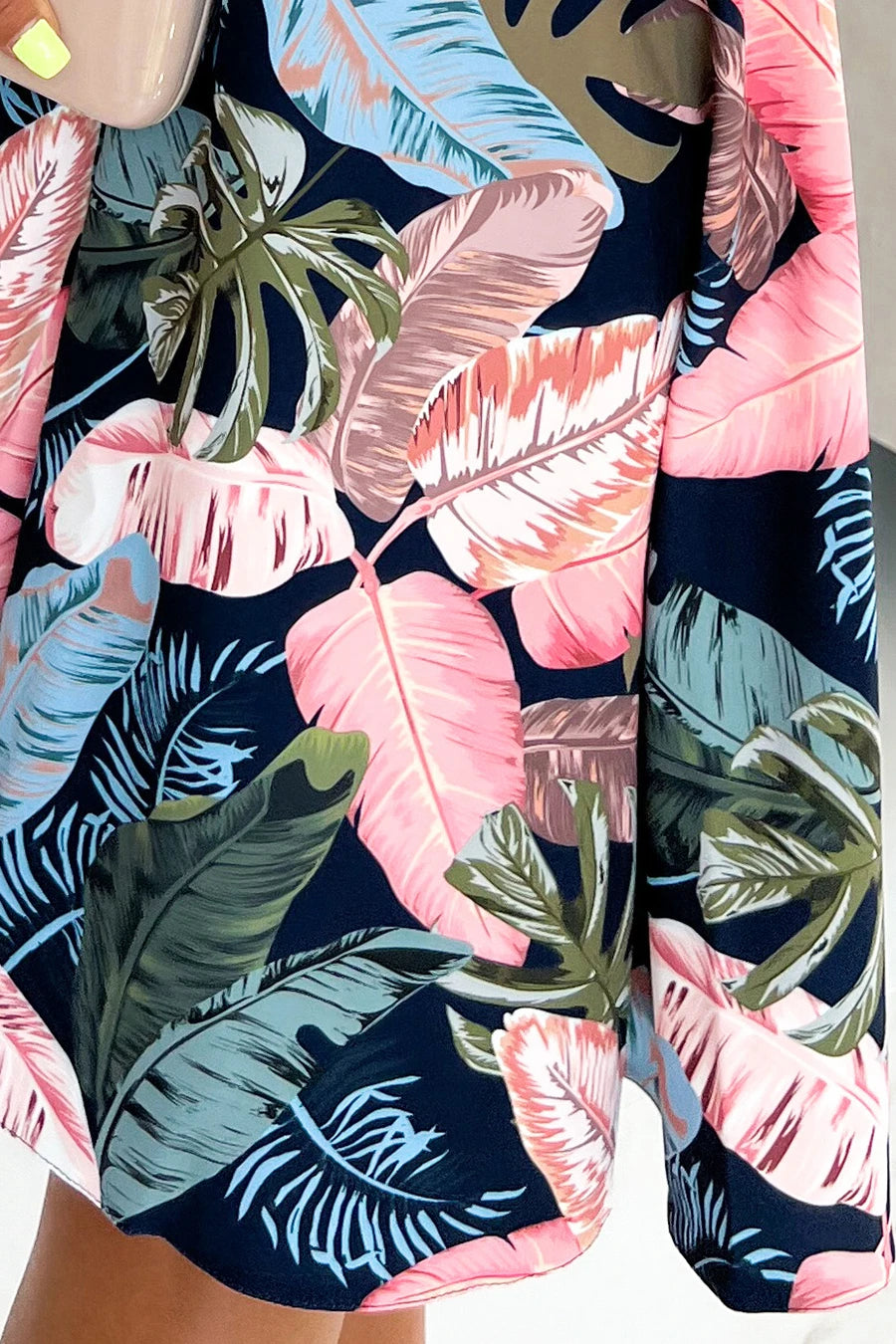 Flared dress – heart-shaped neckline – Navy Blue With Pink Leaves