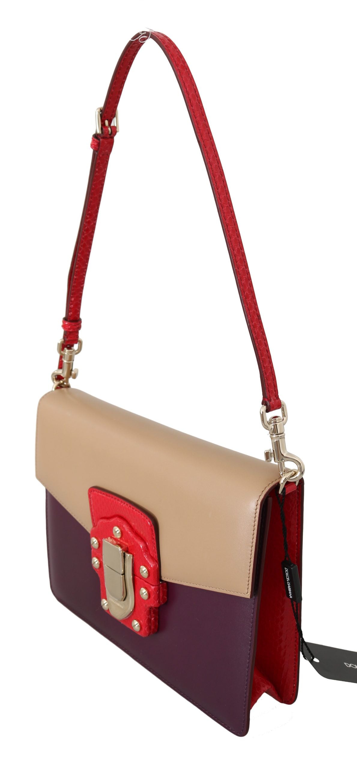 Fialová béžově červená kožená kabelka crossbody