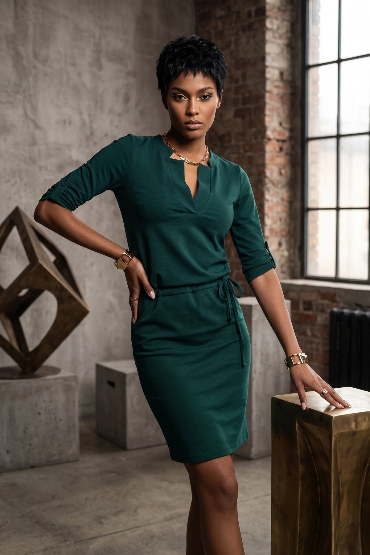 AGATA Dress with collar and tie – Green
