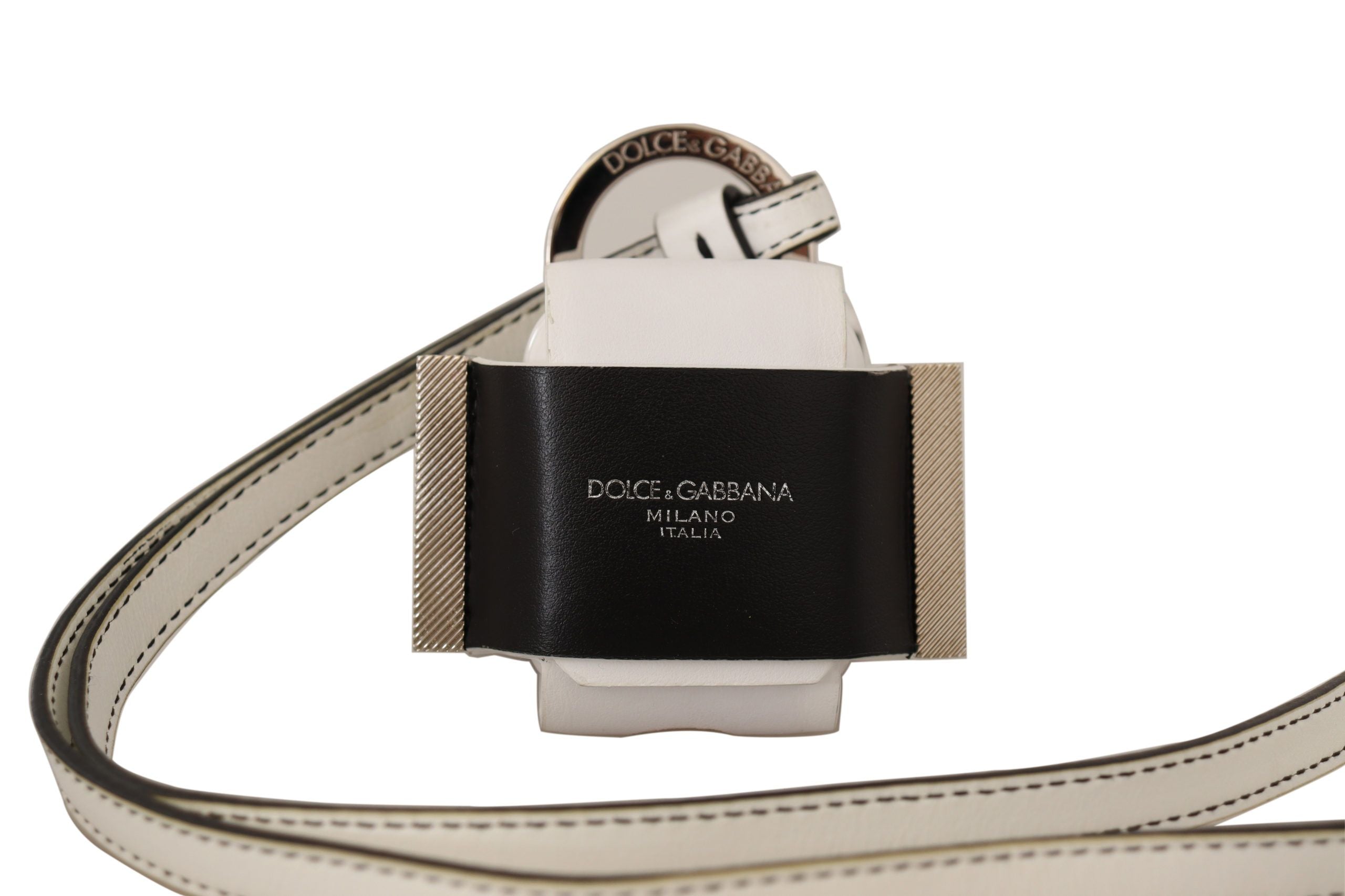 Bílý černý kožený řemínek, stříbrný kovový obal s logem pro Airpods