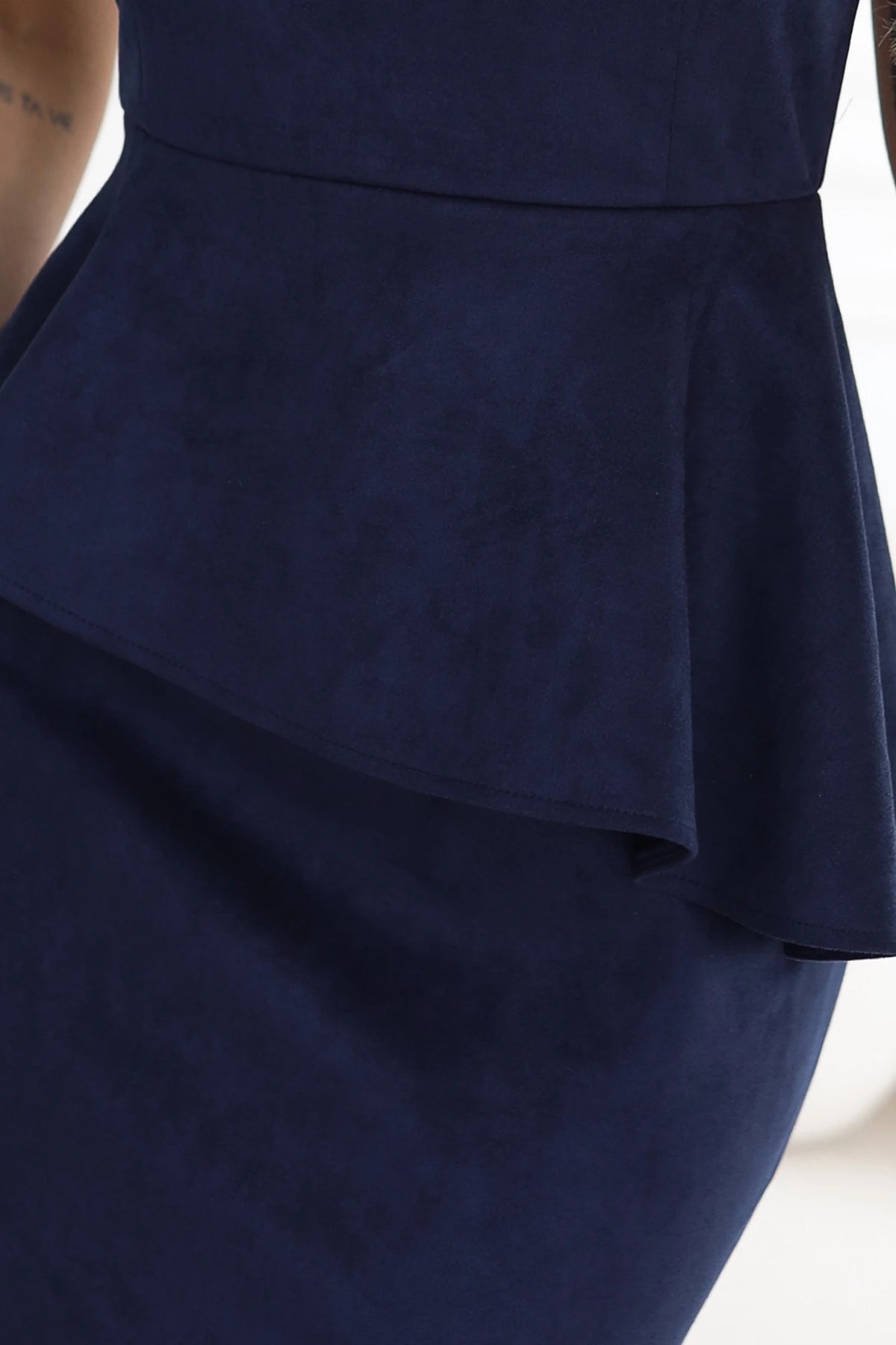 Elegant suede midi dress with a peplum – Navy Blue