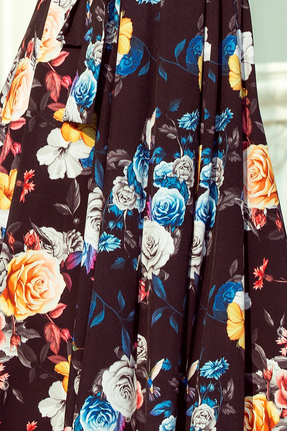Long dress with frill – Black + Colorful Flowers