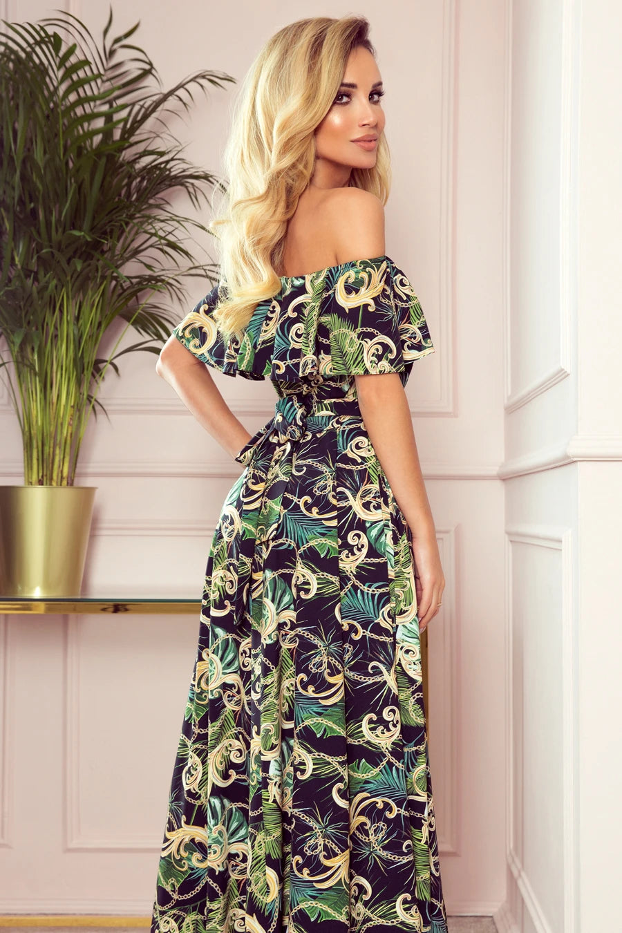 -SS2020 Long dress with frill – Green Leaves And Gold Chains