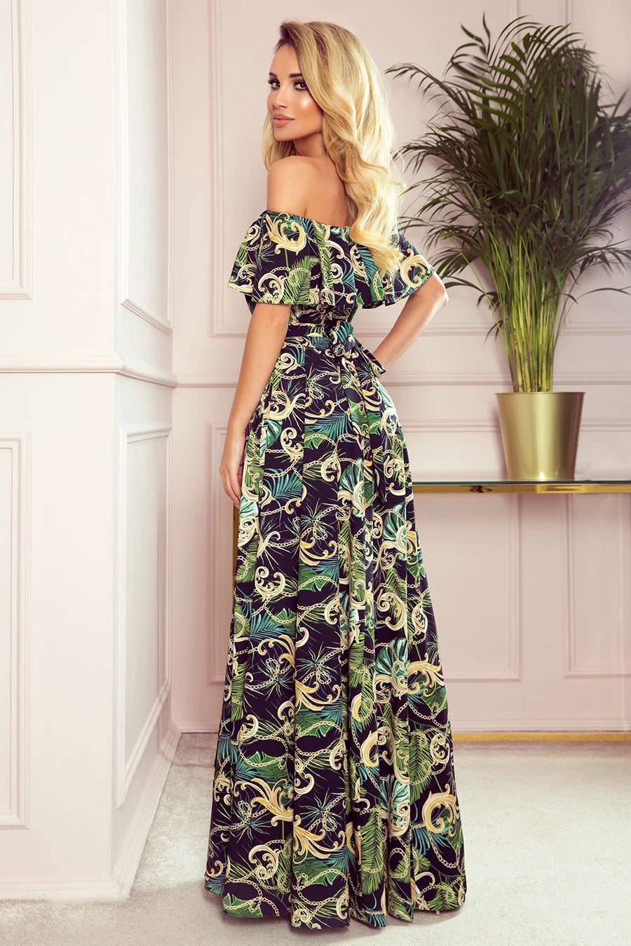 -SS2020 Long dress with frill – Green Leaves And Gold Chains