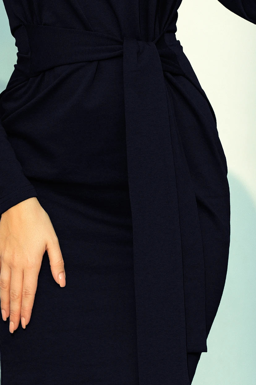 Dress with a wide tied belt – Navy Blue Color