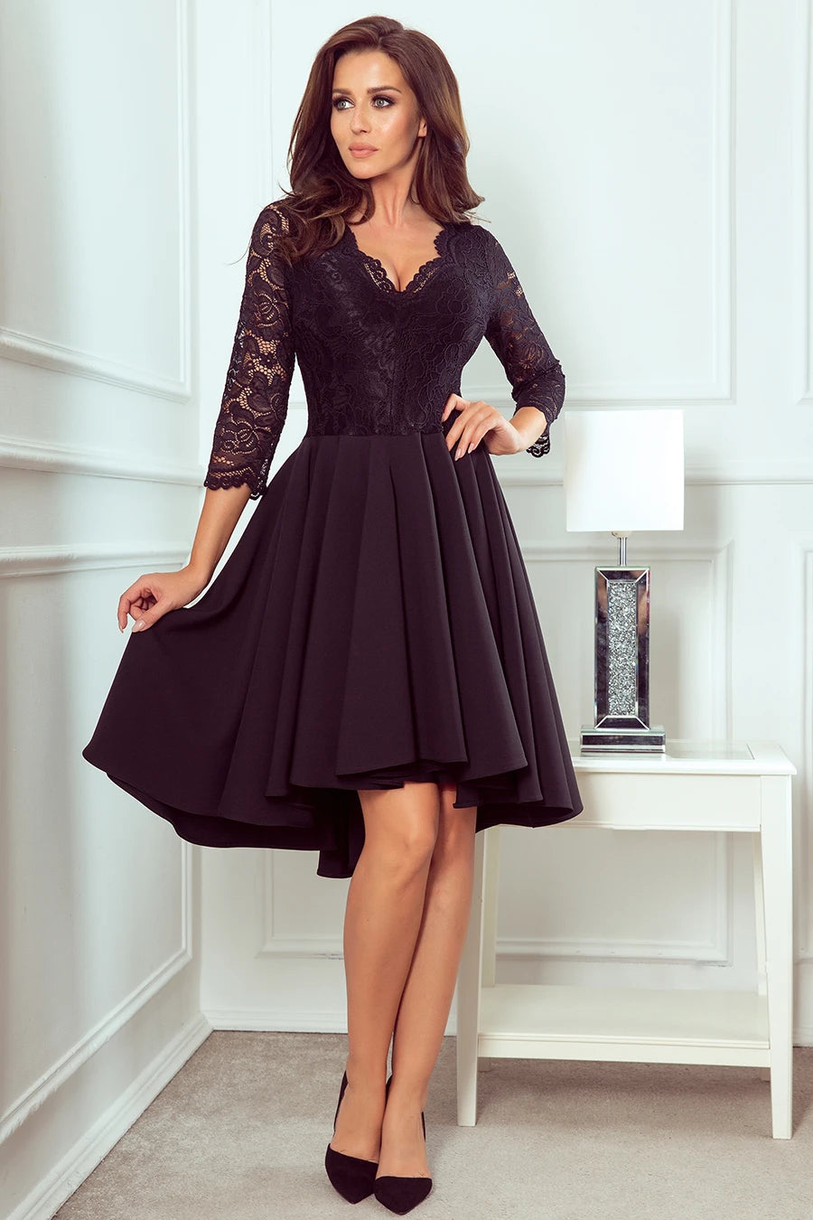 NICOLLE – dress with longer back with lace neckline – Black