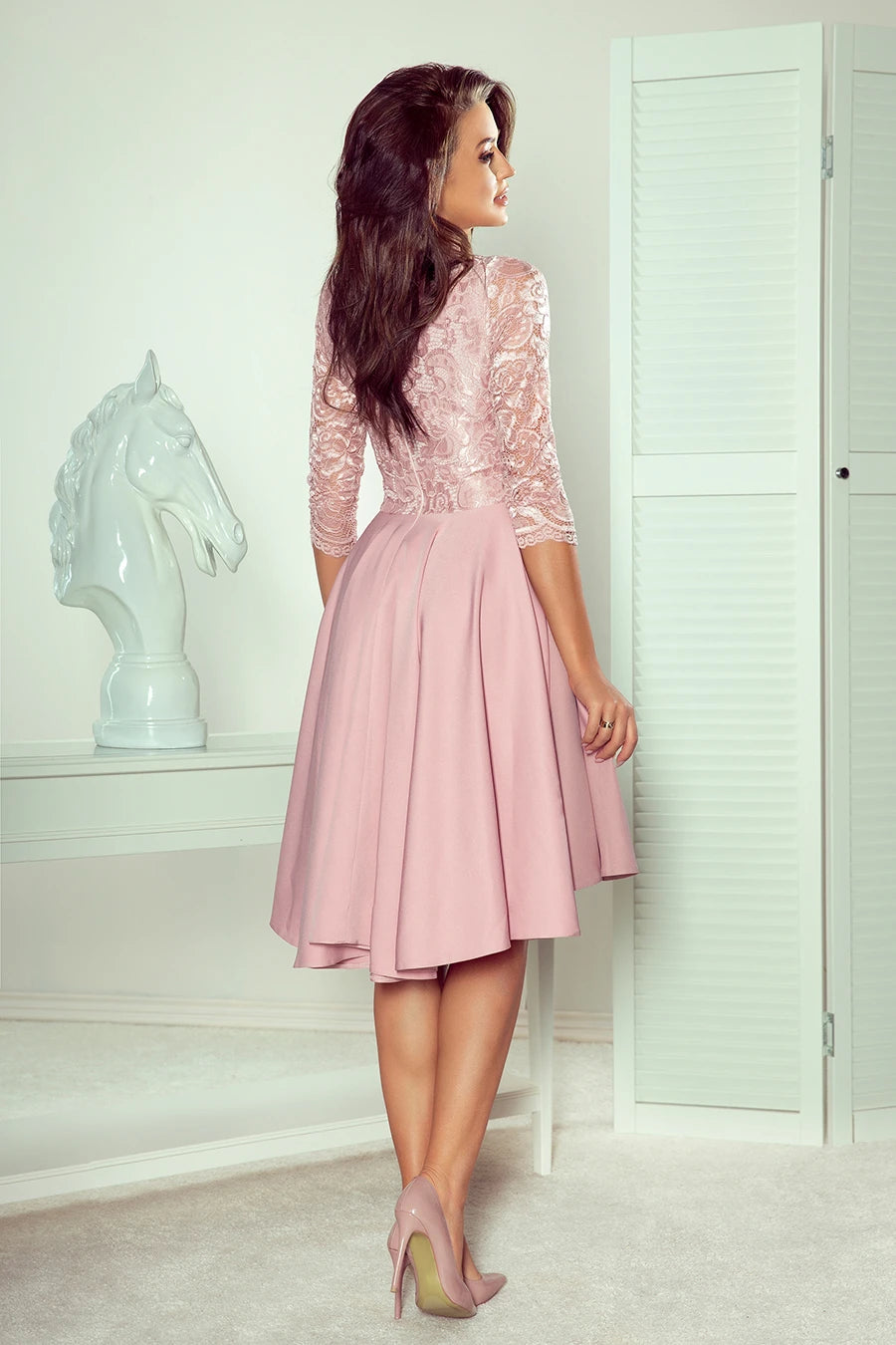 -AW2020 NICOLLE – dress with longer back with lace neckline – Powder Pink