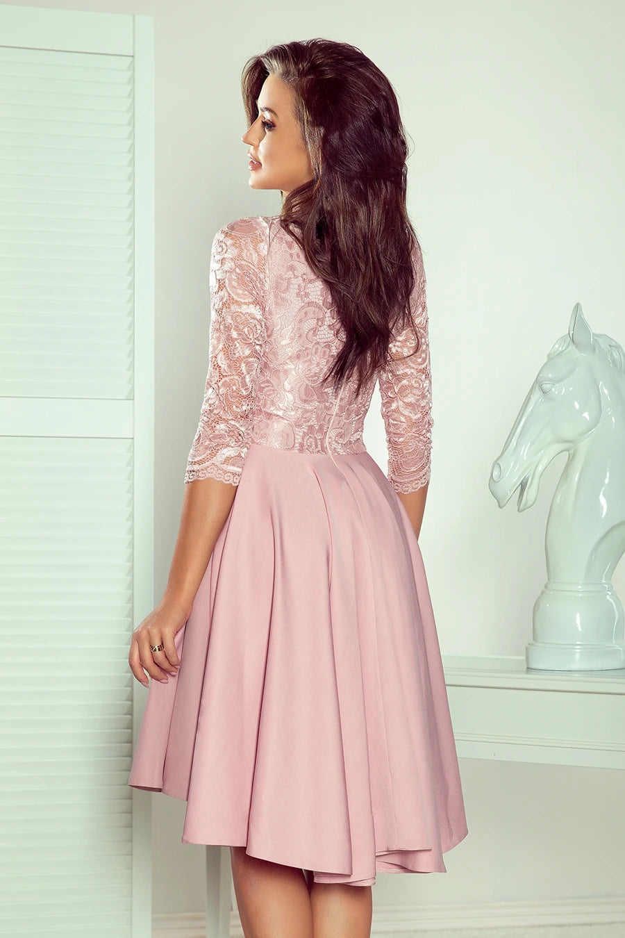 -AW2020 NICOLLE – dress with longer back with lace neckline – Powder Pink