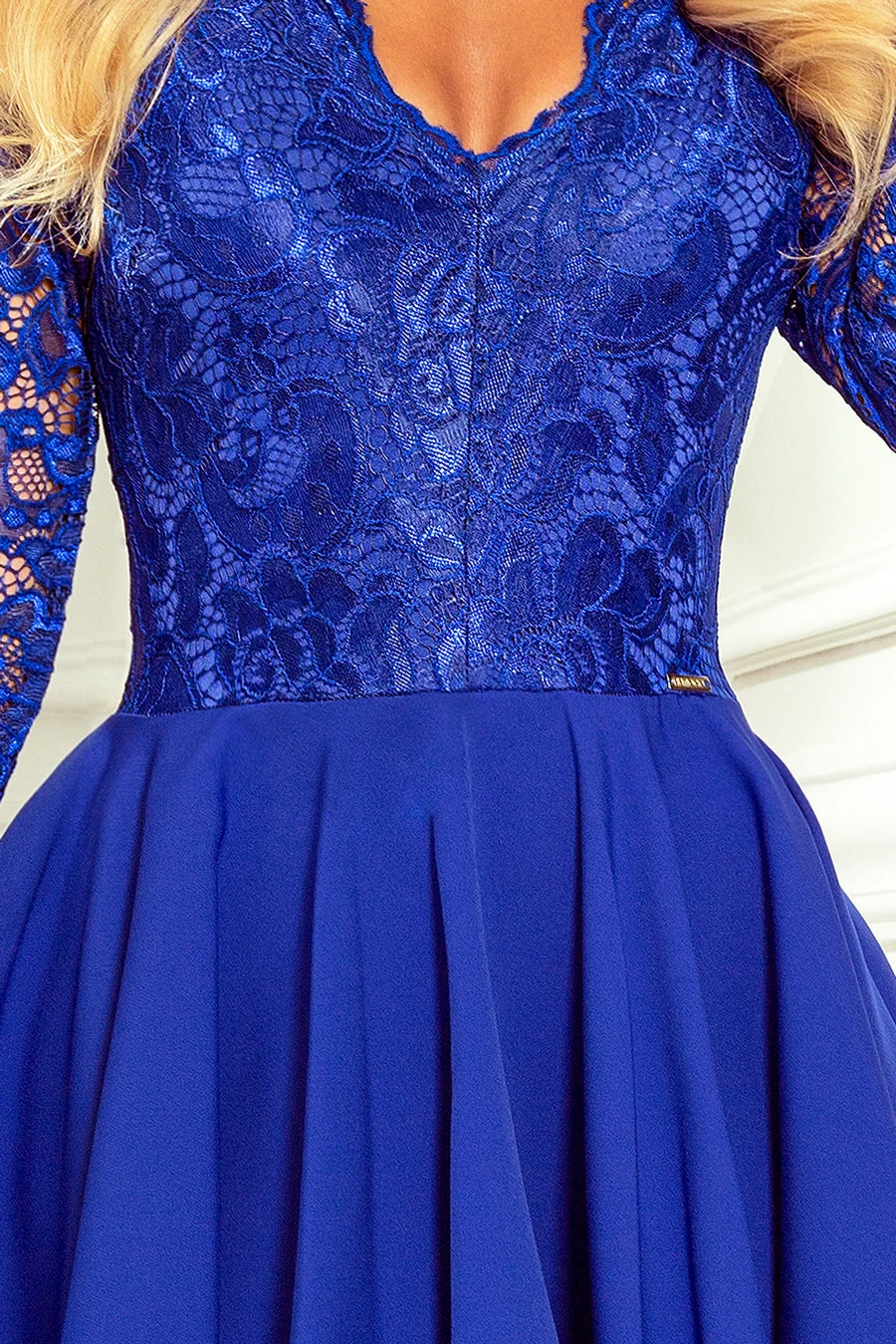 NICOLLE – dress with longer back with lace neckline – CLASSIC BLUE