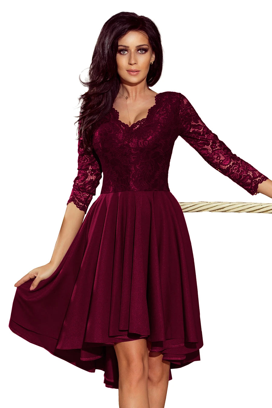 NICOLLE – dress with longer back with lace neckline – Plum