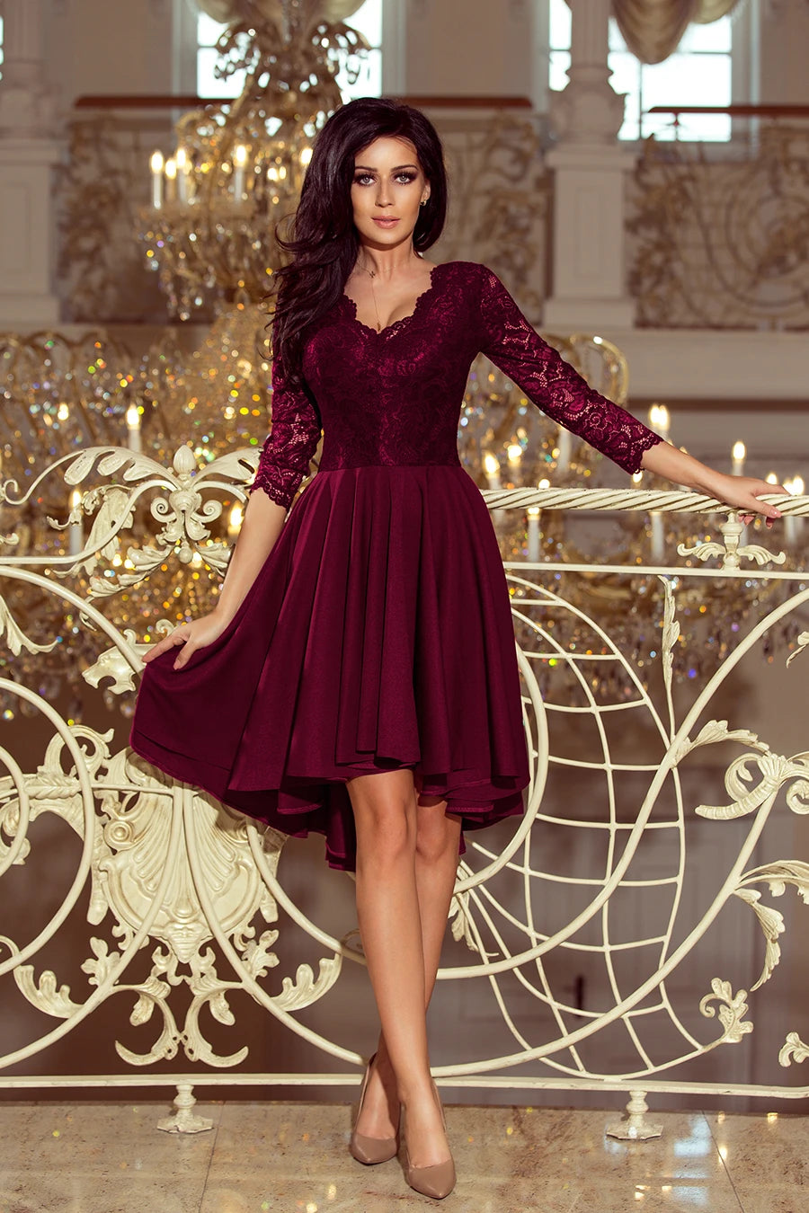 NICOLLE – dress with longer back with lace neckline – Plum