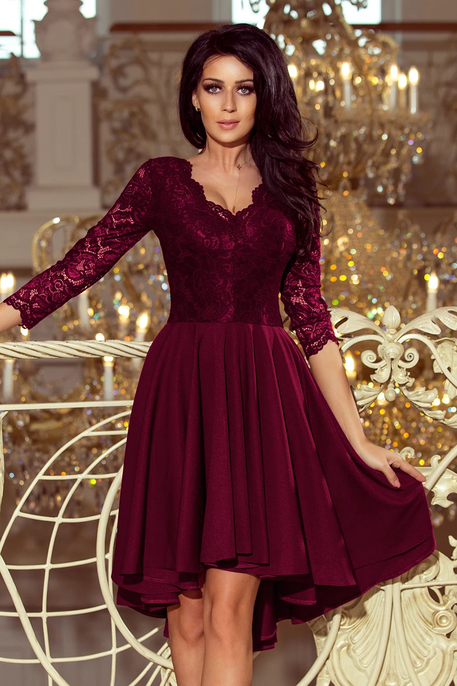 NICOLLE – dress with longer back with lace neckline – Plum