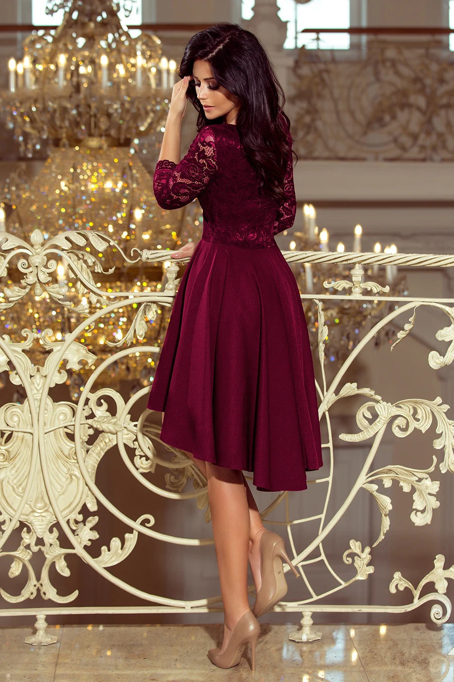 NICOLLE – dress with longer back with lace neckline – Plum