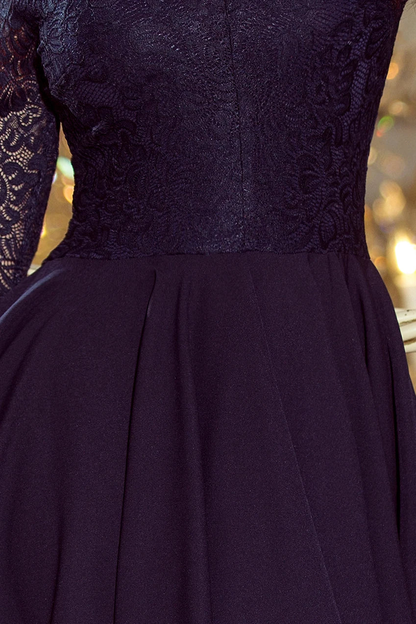 NICOLLE – dress with longer back with lace neckline – Navy Blue