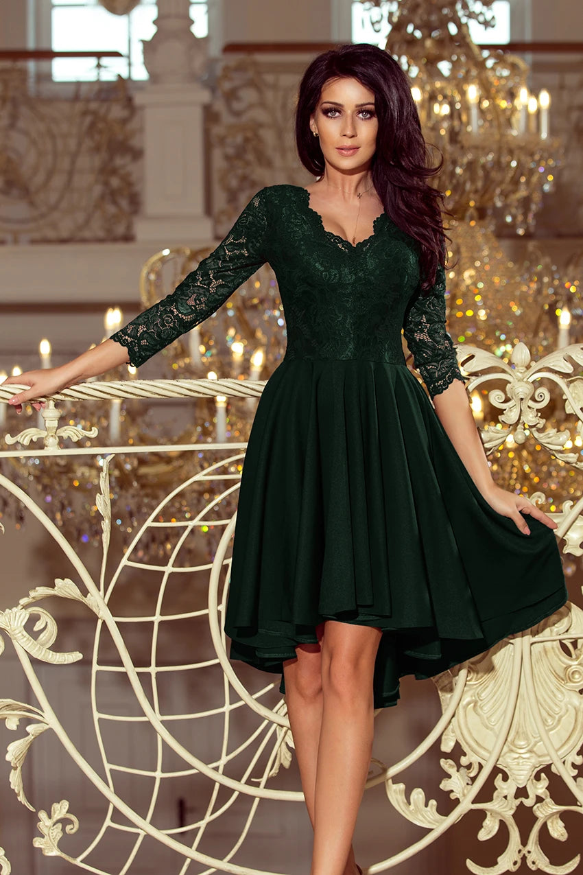 NICOLLE – dress with longer back with lace neckline – Dark Green