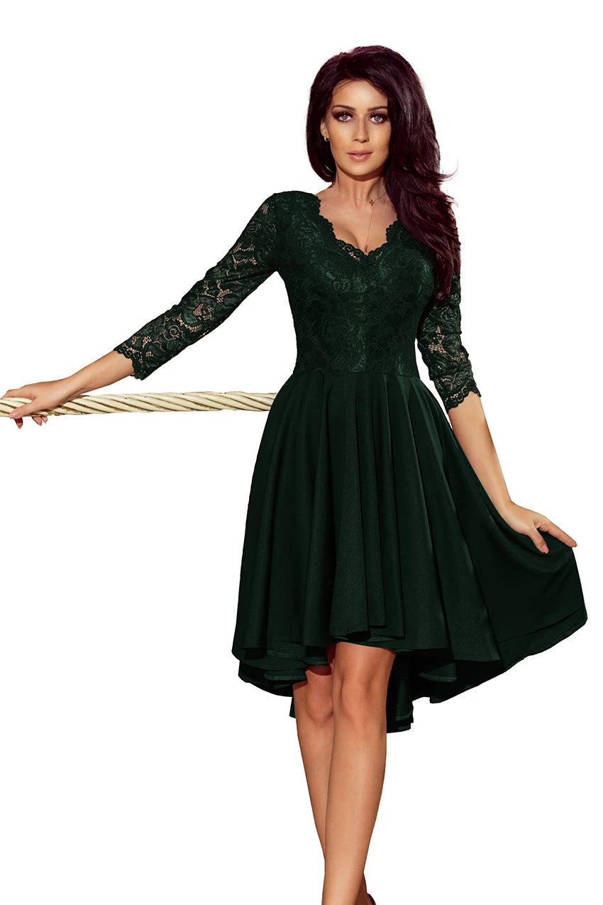 NICOLLE – dress with longer back with lace neckline – Dark Green