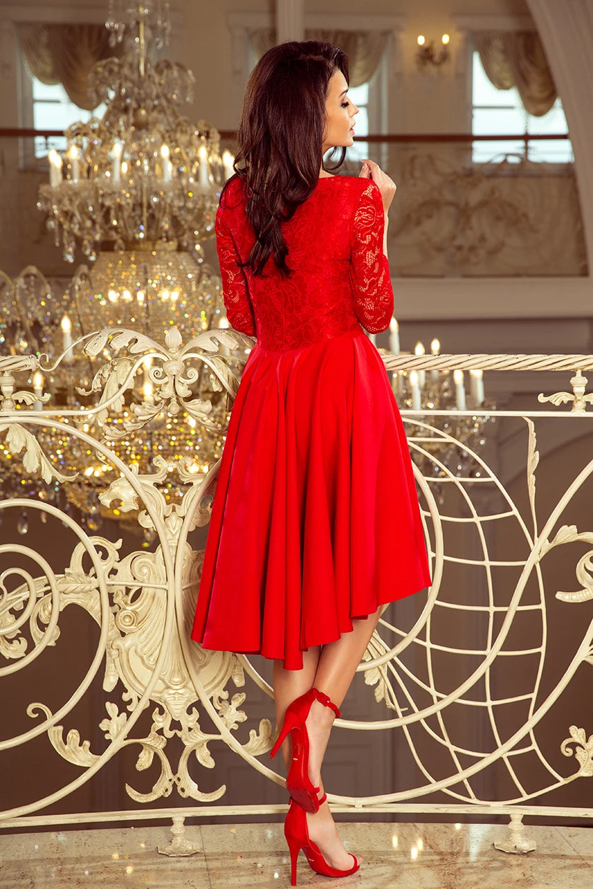 NICOLLE – dress with longer back with lace neckline – Red