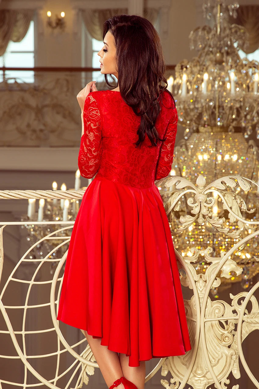 NICOLLE – dress with longer back with lace neckline – Red
