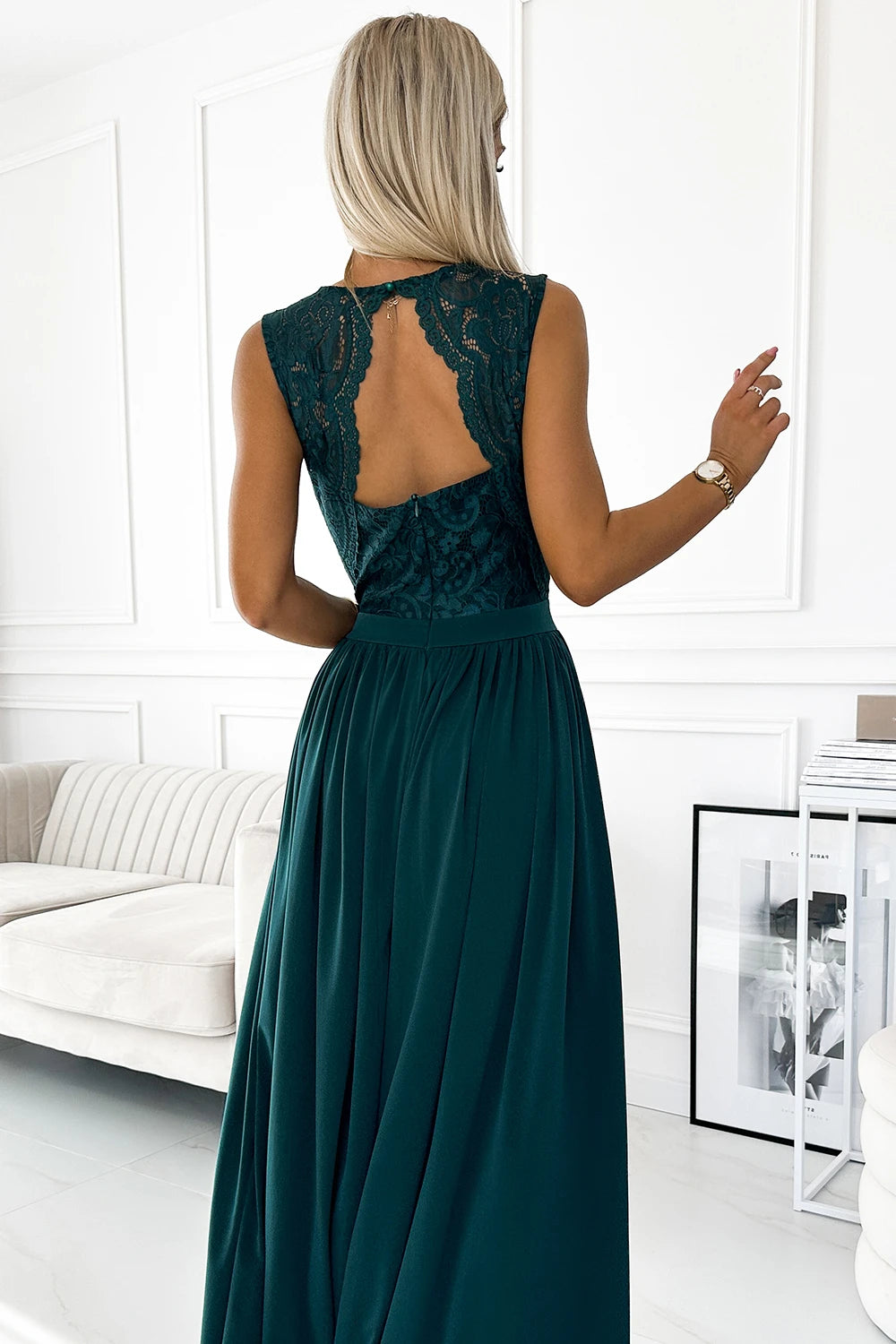 LEA long dress with lace neckline – Green