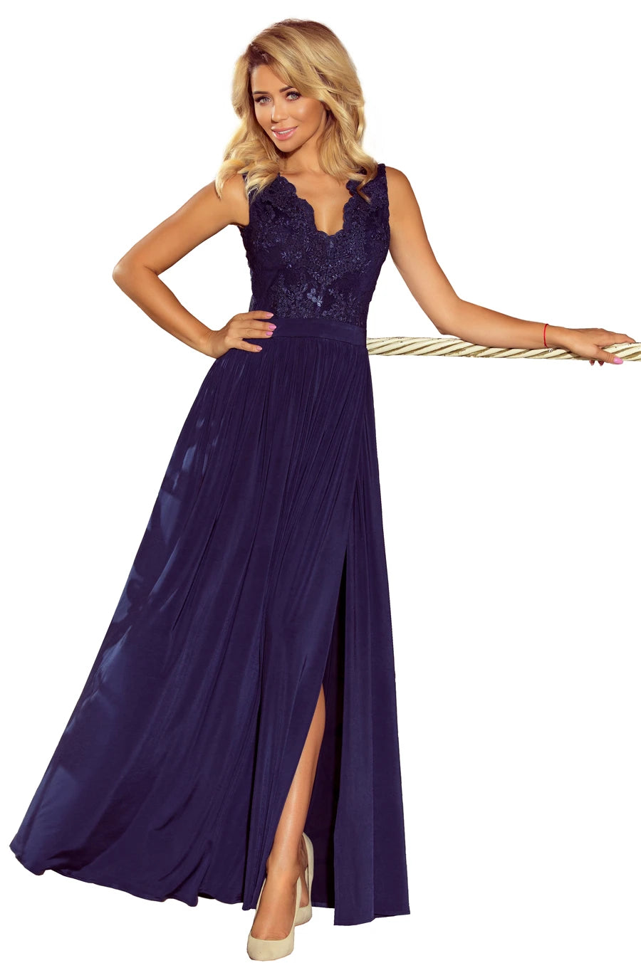 LEA long sleeveless dress with embroidered cleavage – Dark Blue