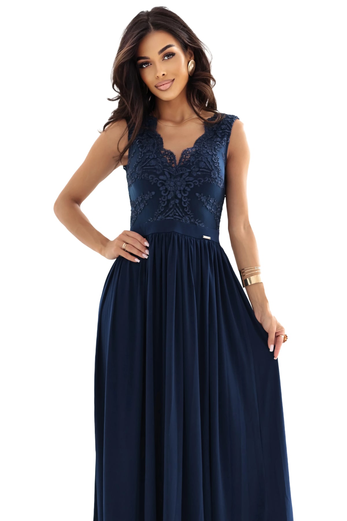 LEA long elegant maxi dress with lace top and slit on the leg – Navy Blue