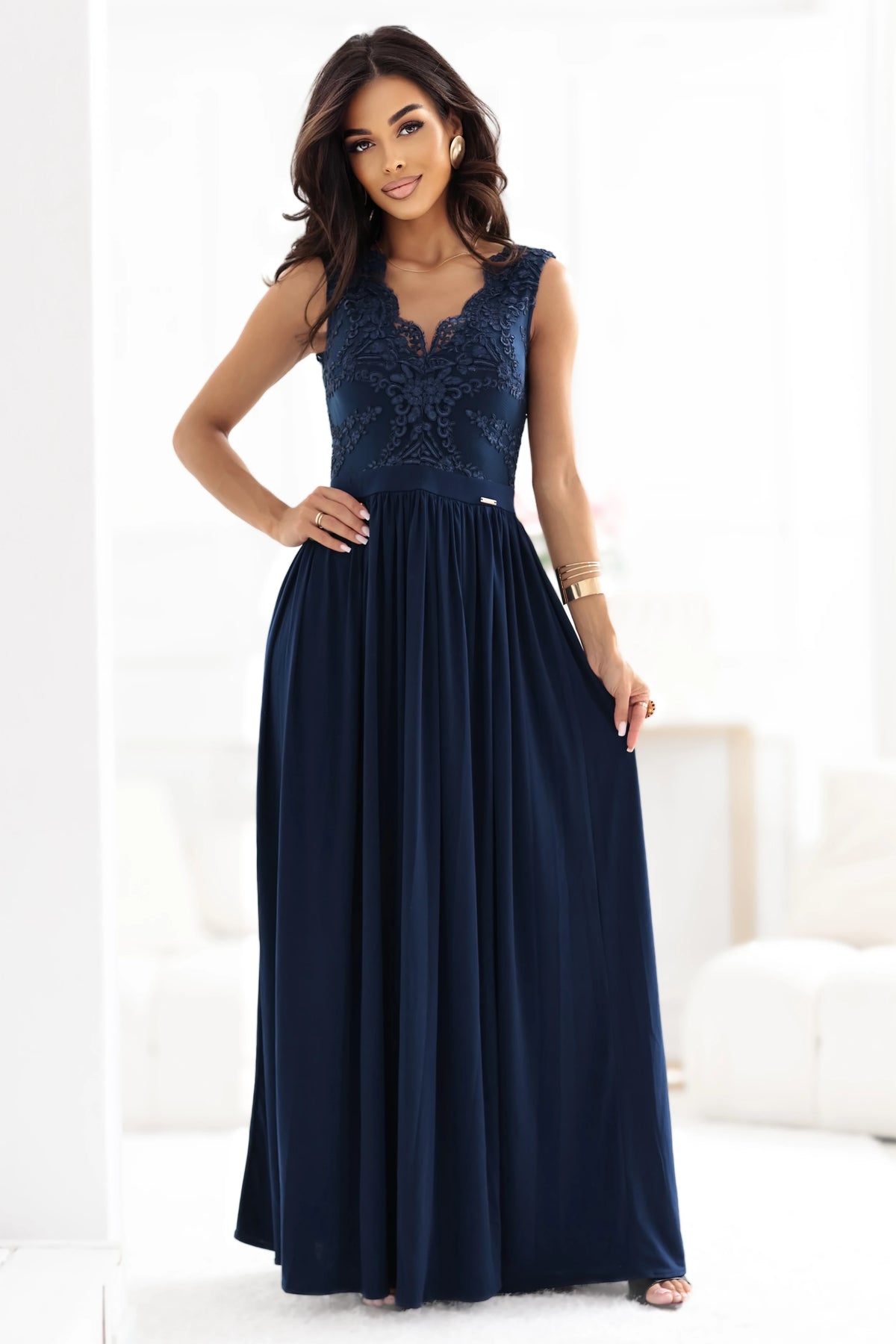 LEA long elegant maxi dress with lace top and slit on the leg – Navy Blue