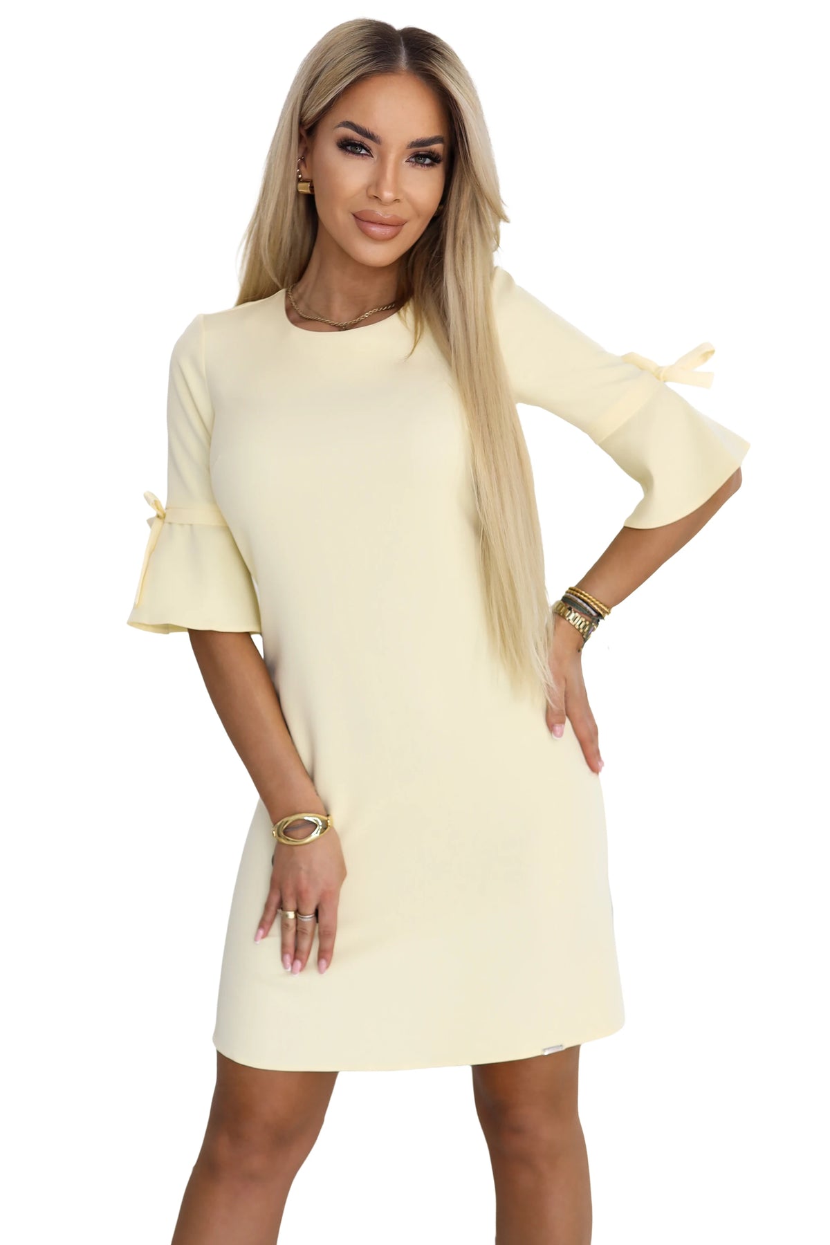 NEVA Feminine Trapeze Dress with Sleeve Ties – Pastel Yellow