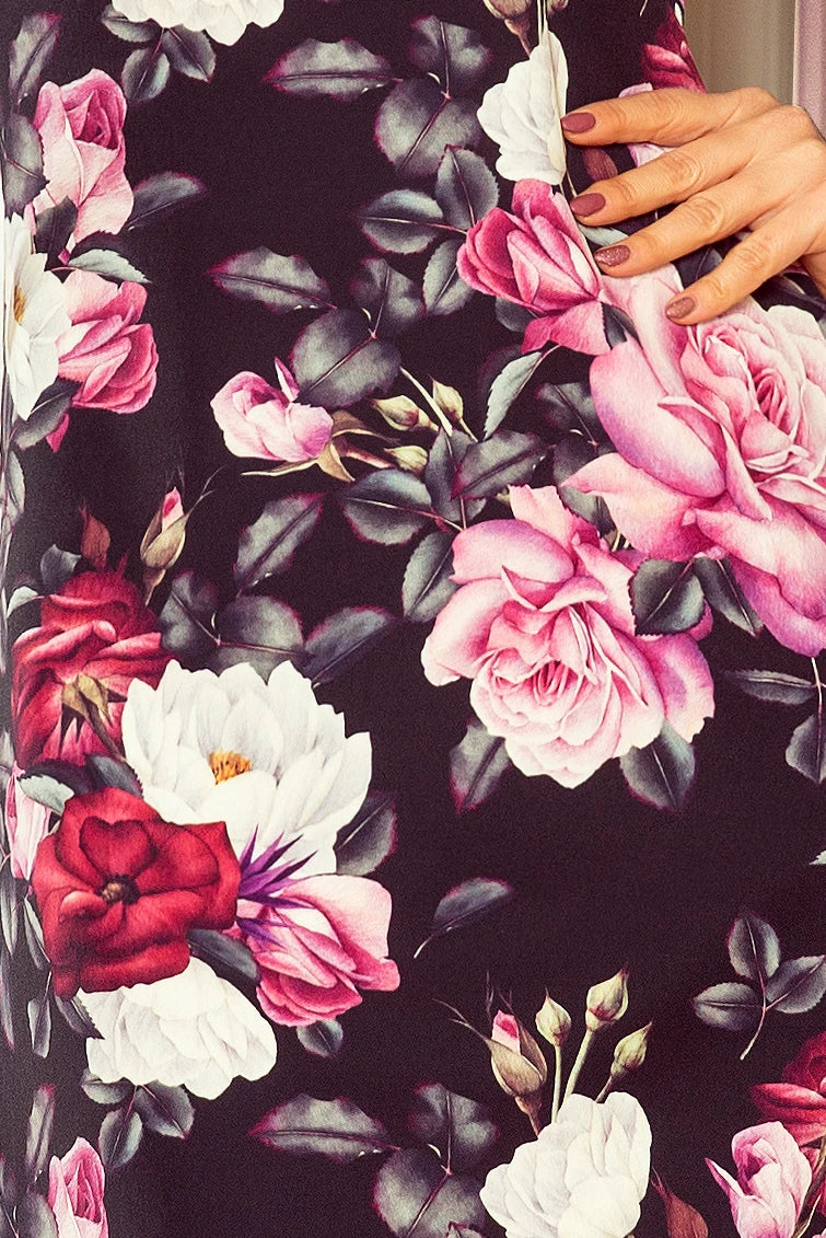 NEVA Trapezoidal dress with flared sleeves – Black + Flowers