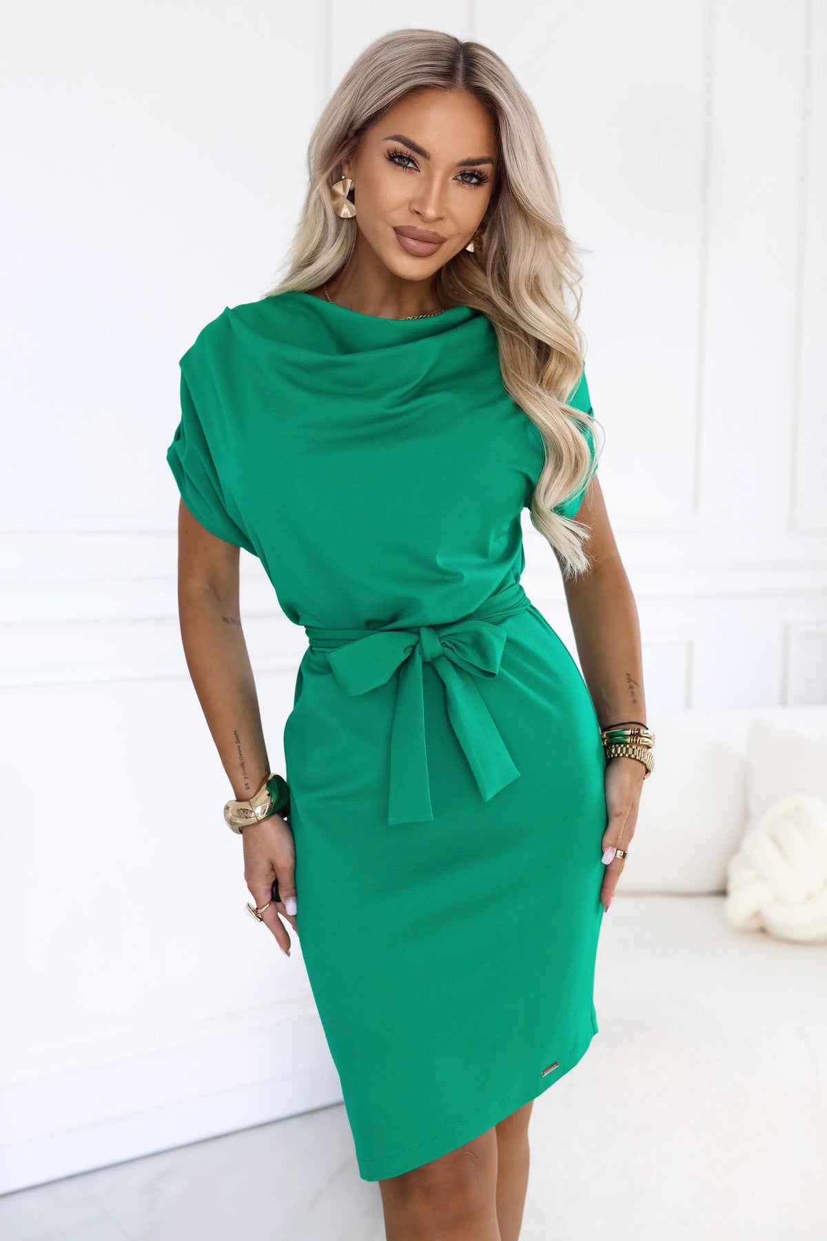 ROXI Comfortable dress with an asymmetric skirt and belt – Green